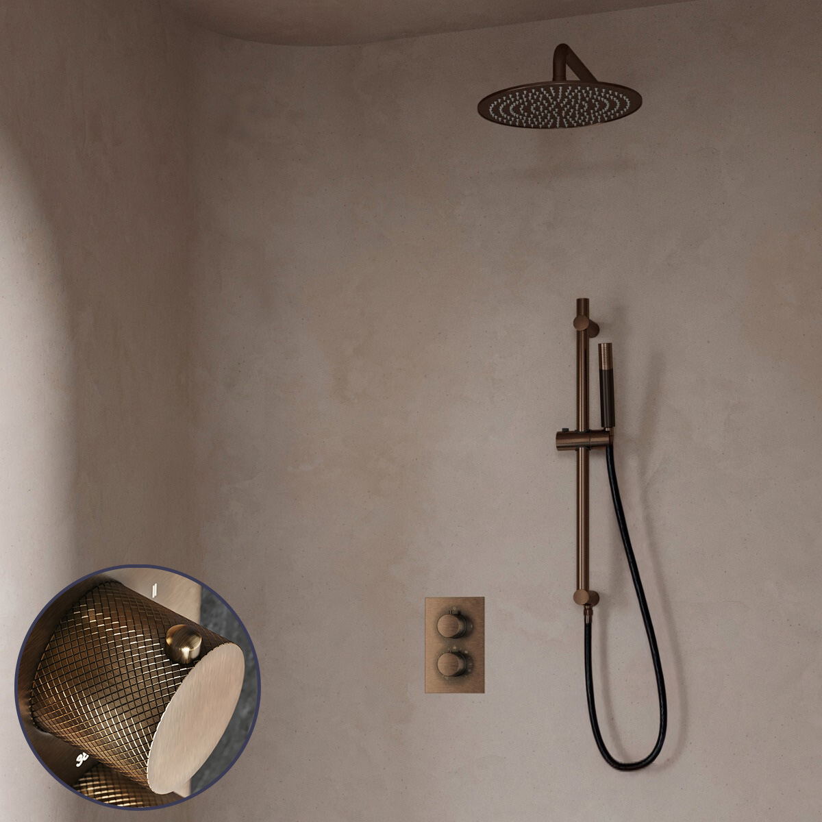 Saniclear Antique Curved Pro inbouw regendouche met 20cm hoofddouche, muurarm en glijstang verouderd messing