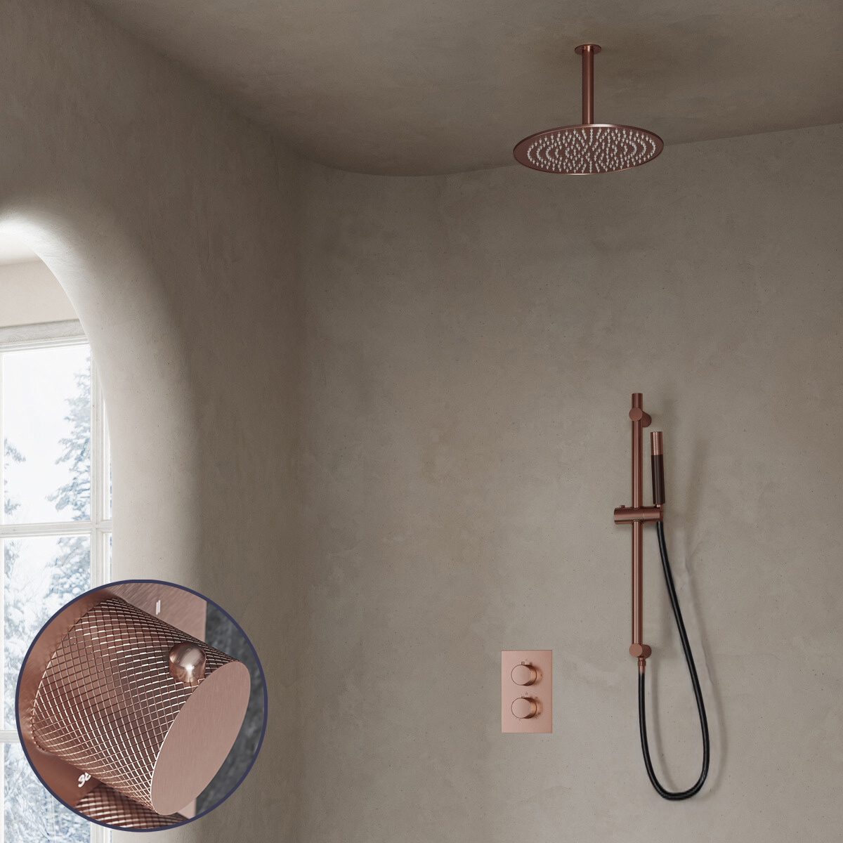 Saniclear Copper Curved Pro inbouw regendouche met 20cm hoofddouche, plafondarm en glijstang geborsteld koper