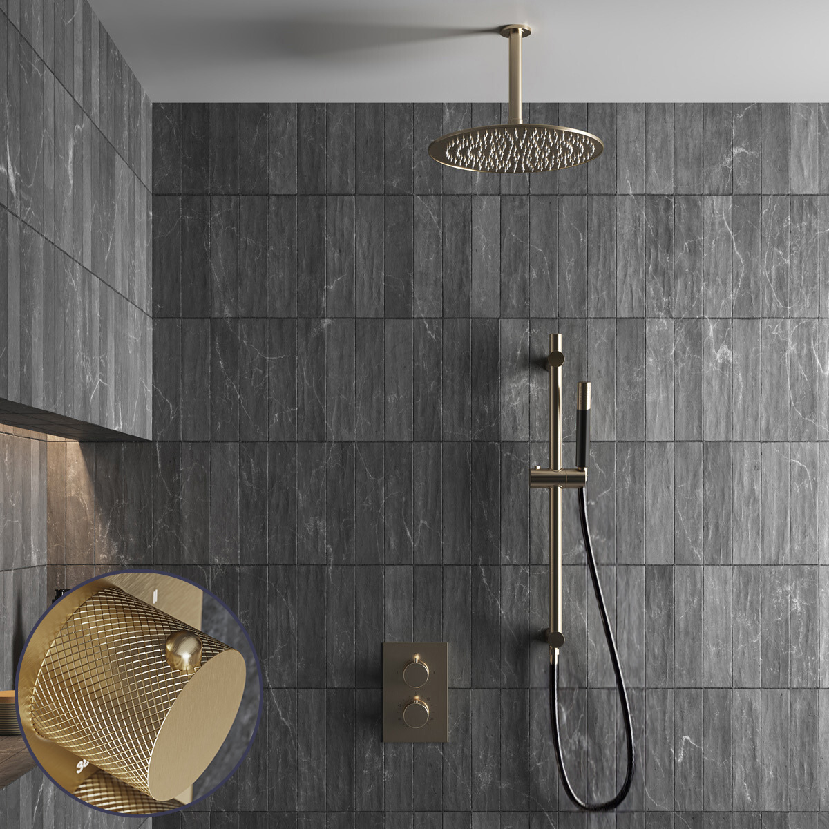Saniclear Brass Curved Pro inbouw regendouche met 20cm hoofddouche, plafondarm en glijstang geborsteld messing - mat goud