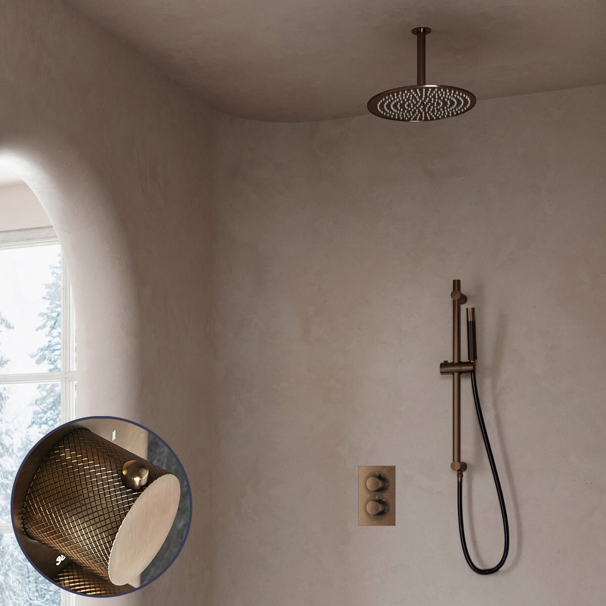 Saniclear Antique Curved Pro inbouw regendouche met 20cm hoofddouche, plafondarm en glijstang verouderd messing