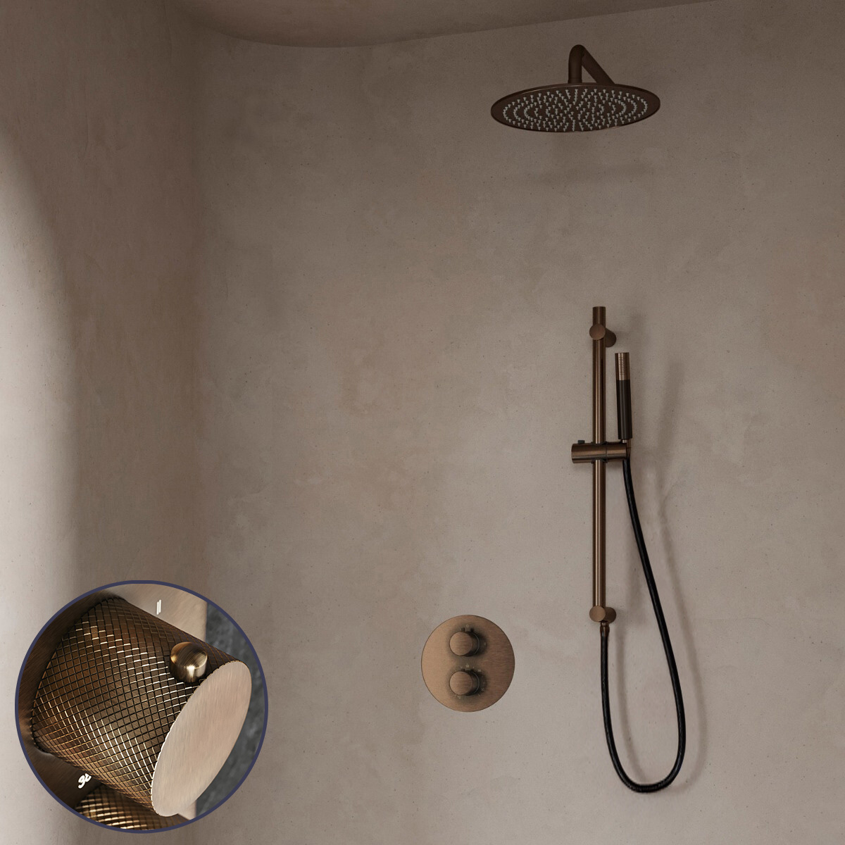 Saniclear Antique Curved Pro inbouw regendouche rond met 30cm hoofddouche, muurarm en glijstang verouderd messing