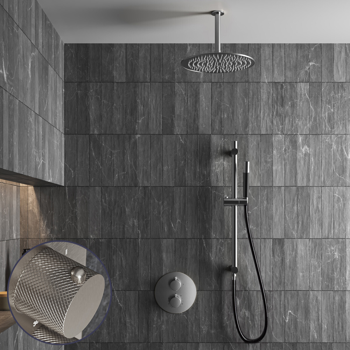 Saniclear Exclusive Curved Pro inbouw regendouche rond met 20cm hoofddouche, plafondarm en glijstang RVS