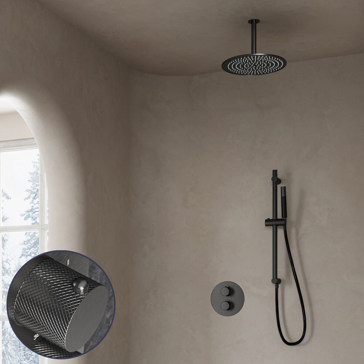 Saniclear Iron Curved Pro inbouw regendouche rond met 30cm hoofddouche, plafondarm en glijstang verouderd ijzer - gunmetal