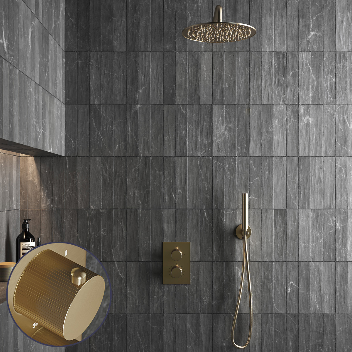 Saniclear Brass Stripes inbouw regendouche met 20cm hoofddouche en muurarm geborsteld messing - mat goud