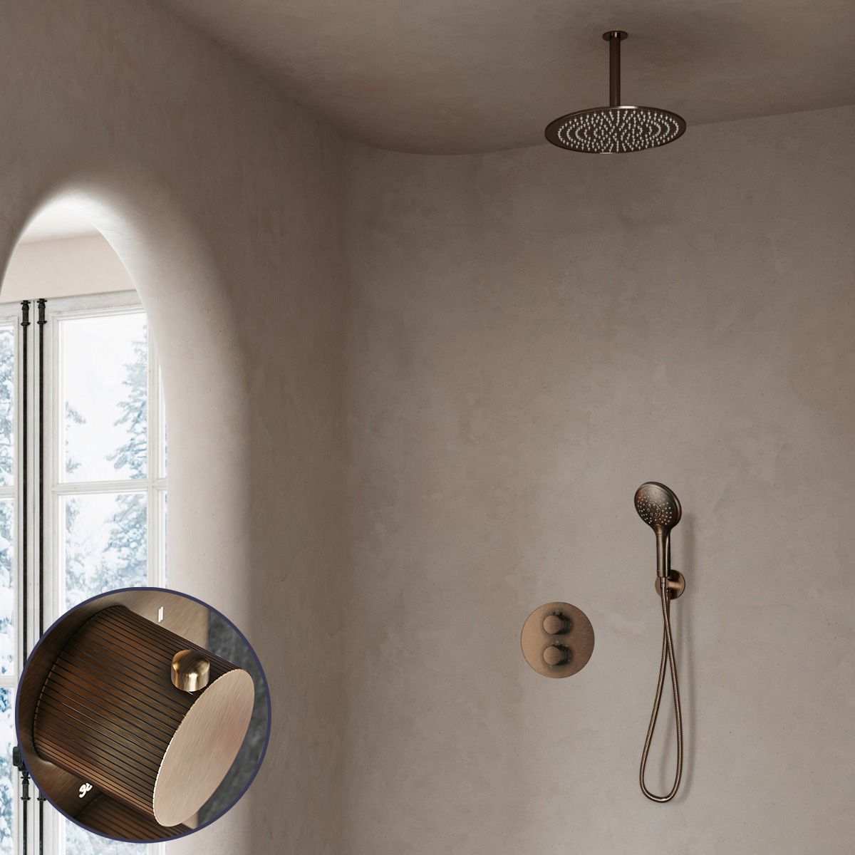 Saniclear Antique Stripes inbouw regendouche rond met 20cm hoofddouche, plafondarm en 2 standen handdouche verouderd messing