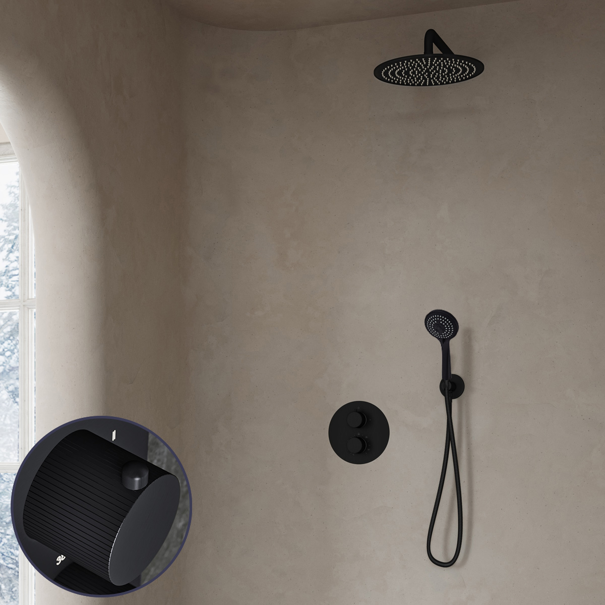 Saniclear Nero Stripes inbouw regendouche rond met 30cm hoofddouche, muurarm en 3 standen handdouche zwart mat
