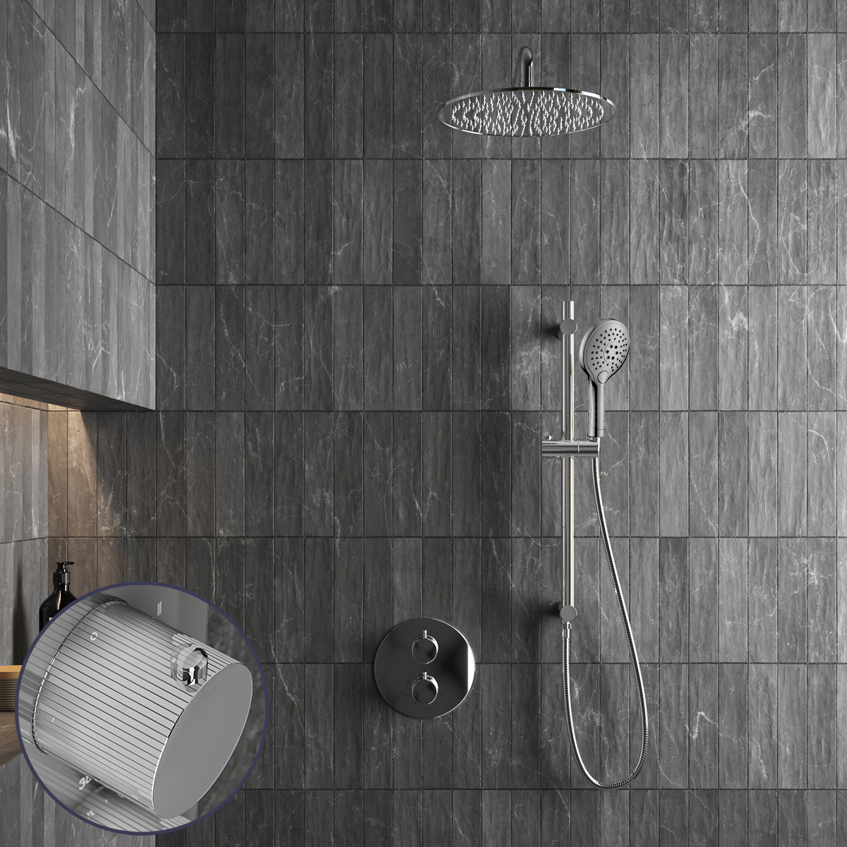 Saniclear Talpa Stripes inbouw regendouche rond met 30cm hoofddouche, muurarm, 2 standen handdouche en glijstang chroom