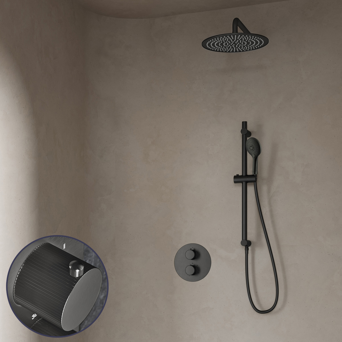 Saniclear Iron Stripes inbouw regendouche rond met 30cm hoofddouche, muurarm, 2 standen handdouche en glijstang verouderd ijzer - gunmetal