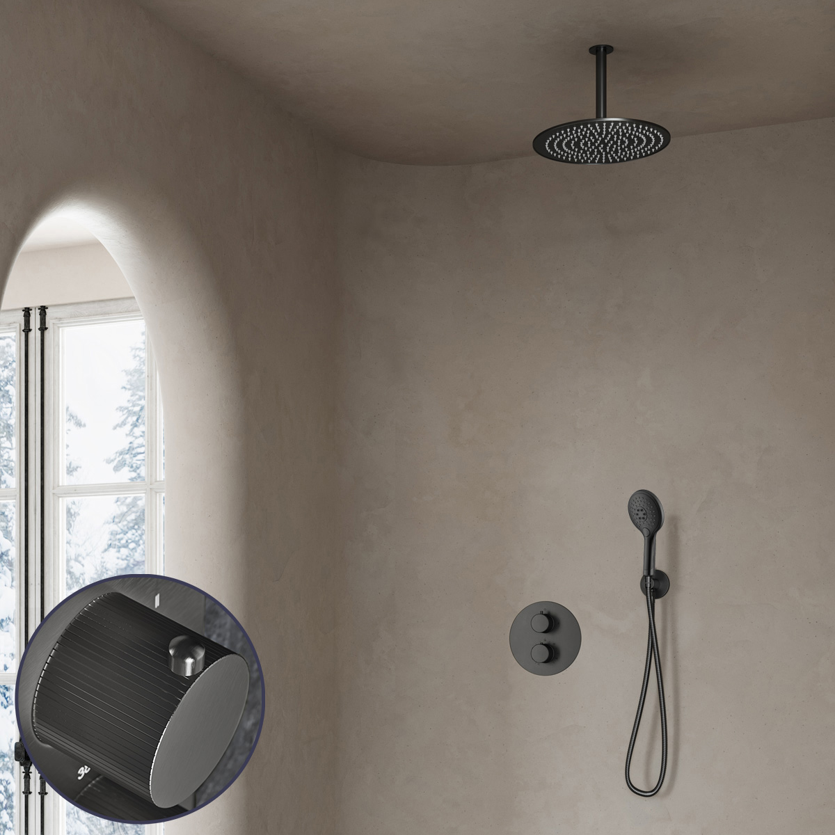 Saniclear Iron Stripes inbouw regendouche rond met 30cm hoofddouche, plafondarm en 2 standen handdouche verouderd ijzer - gunmetal