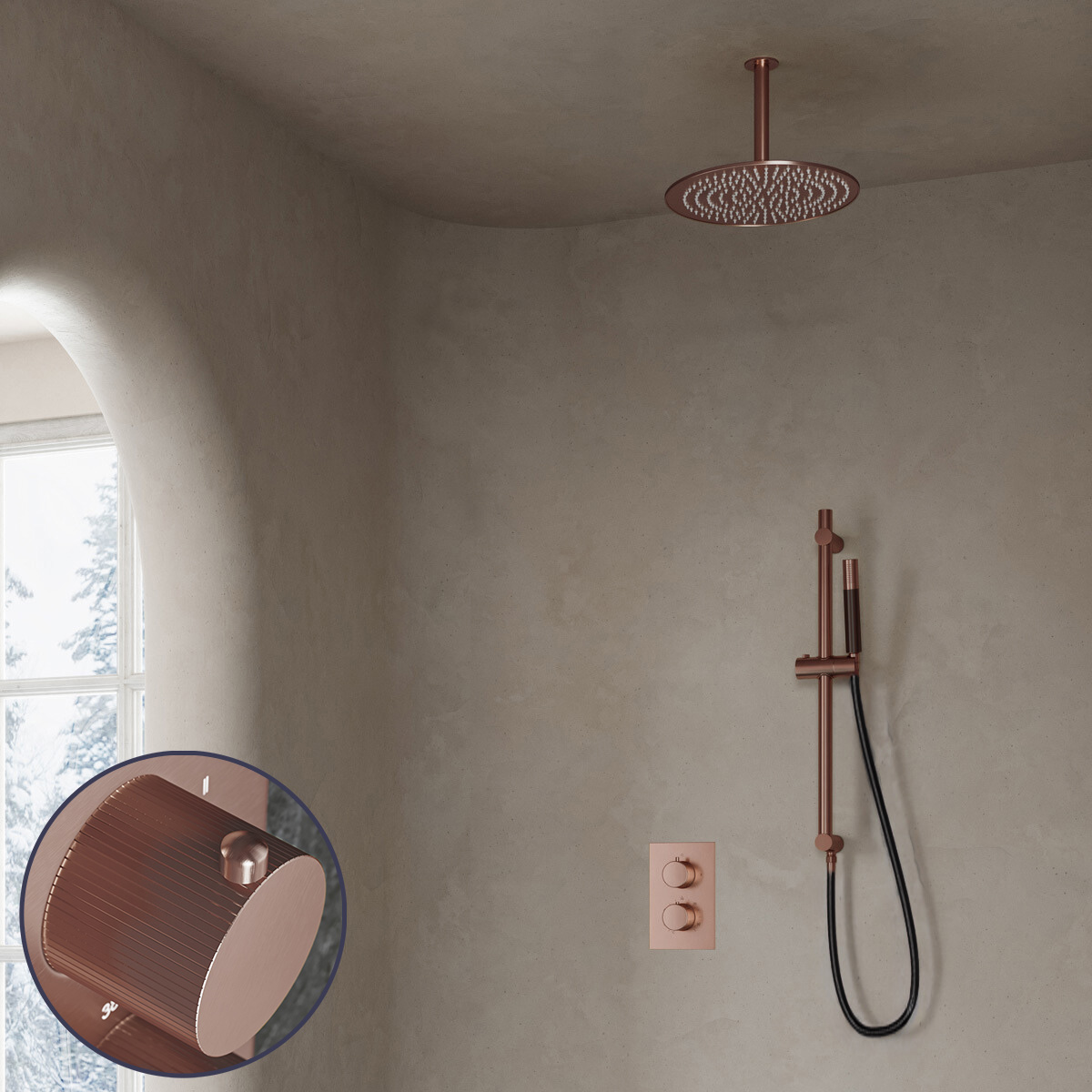 Saniclear Copper Stripes Pro inbouw regendouche met 20cm hoofddouche, plafondarm en glijstang geborsteld koper
