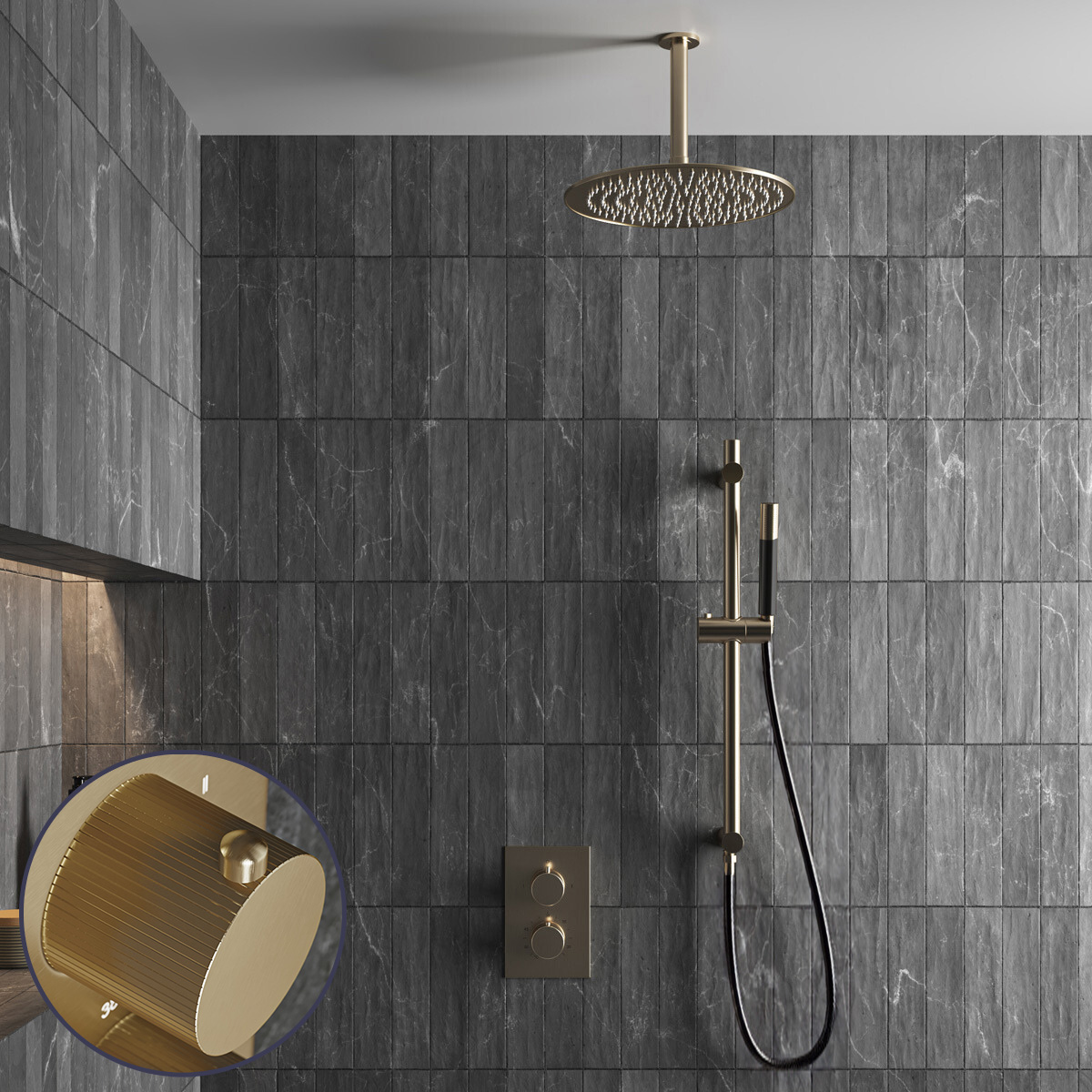 Saniclear Brass Stripes Pro inbouw regendouche met 30cm hoofddouche, plafondarm en glijstang geborsteld messing - mat goud