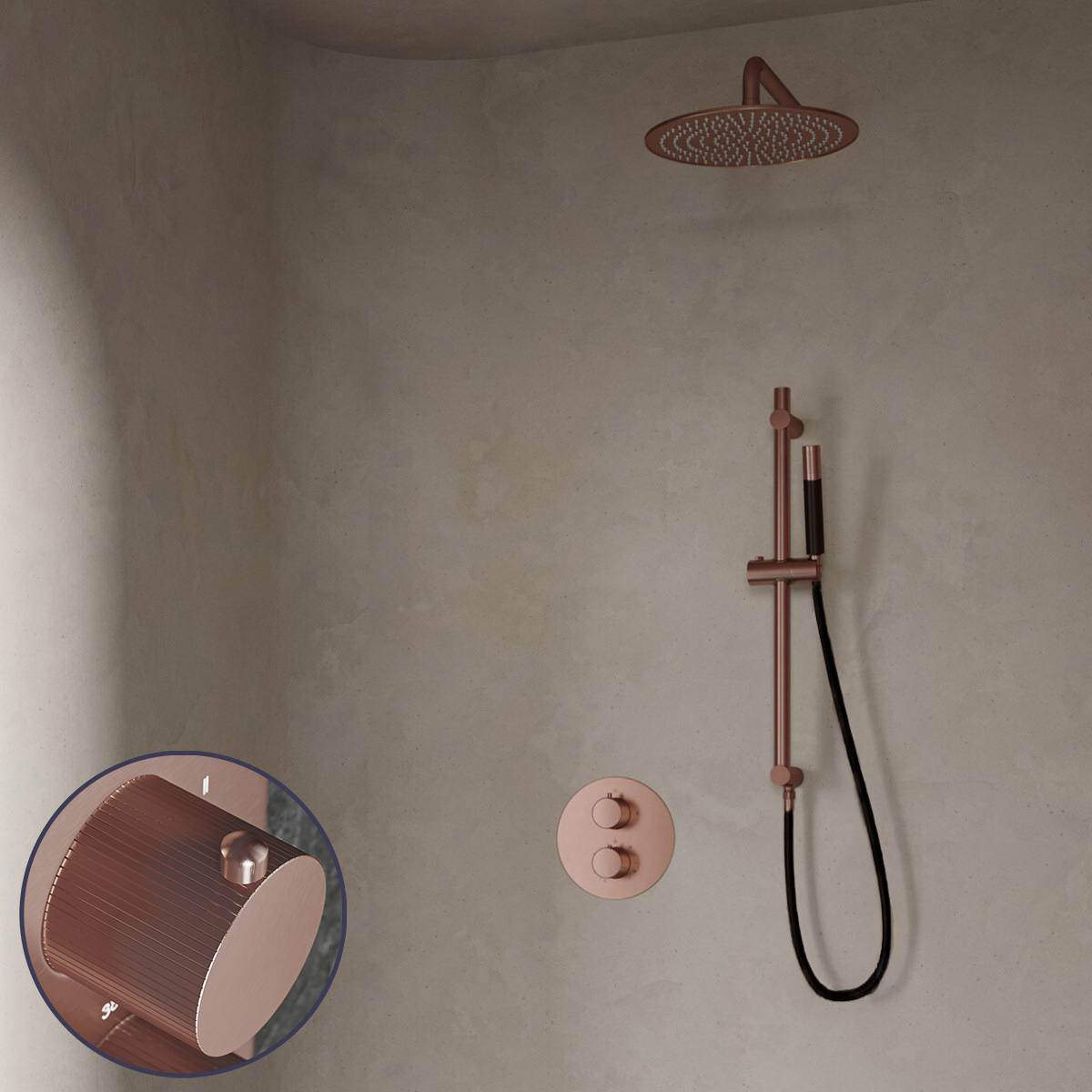 Saniclear Copper Stripes Pro inbouw regendouche rond met 30cm hoofddouche, muurarm en glijstang geborsteld koper