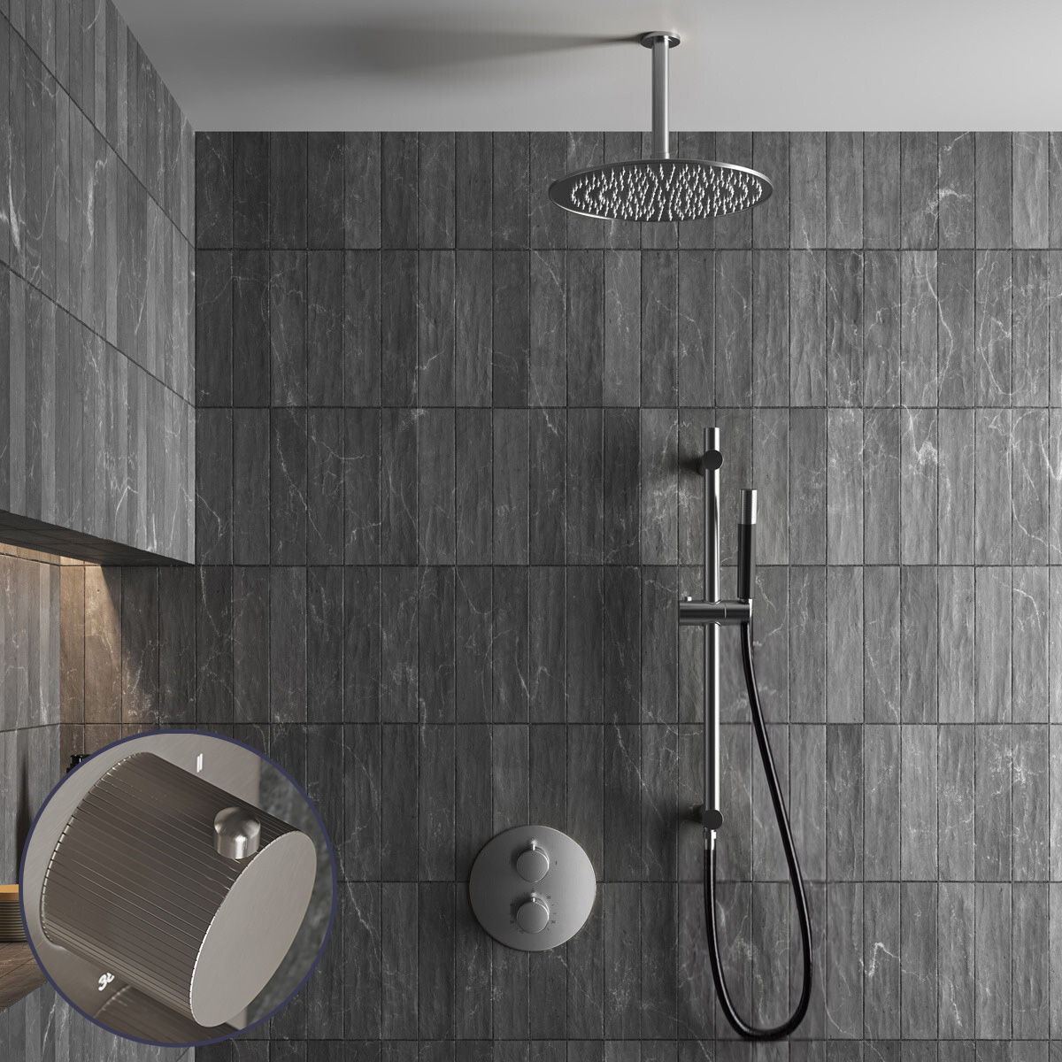 Saniclear Exclusive Stripes Pro inbouw regendouche rond met 20cm hoofddouche, plafondarm en glijstang RVS