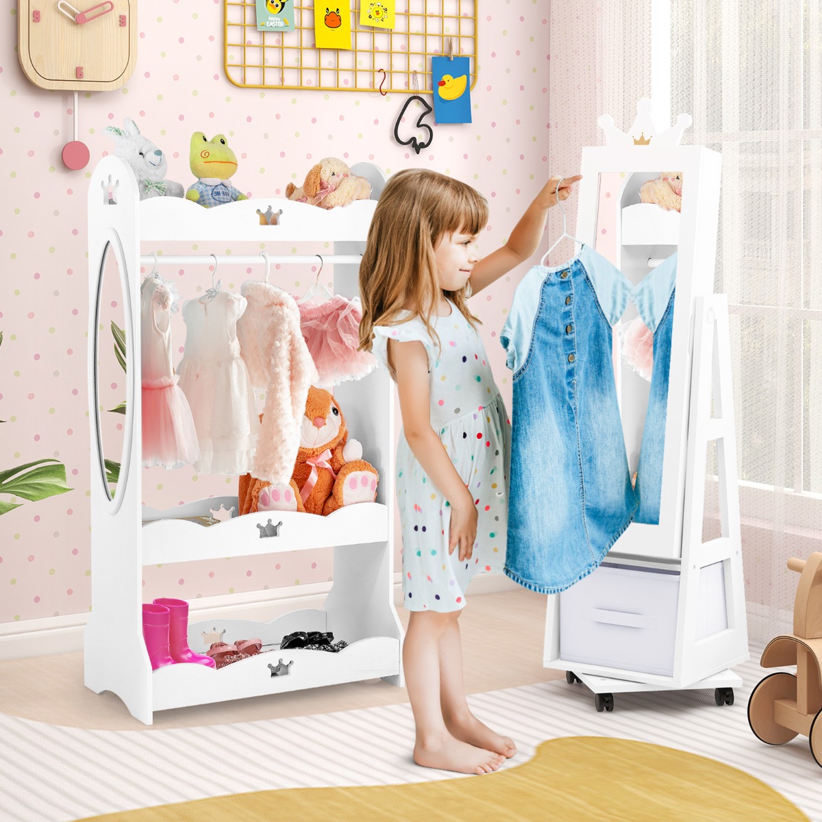 Costway Kinder Sieradekast 3-in-1 Spiegelkast 360° Draaibaar Sieradenrek met Volledige Lichaamsspiegel Wit