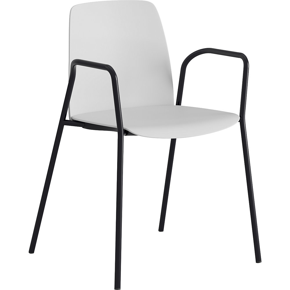 Stoel Helmer, zitting/rugleuning van kunststof, VE = 4 stuks, zitting wit, onderstel zwart, met armleuningen