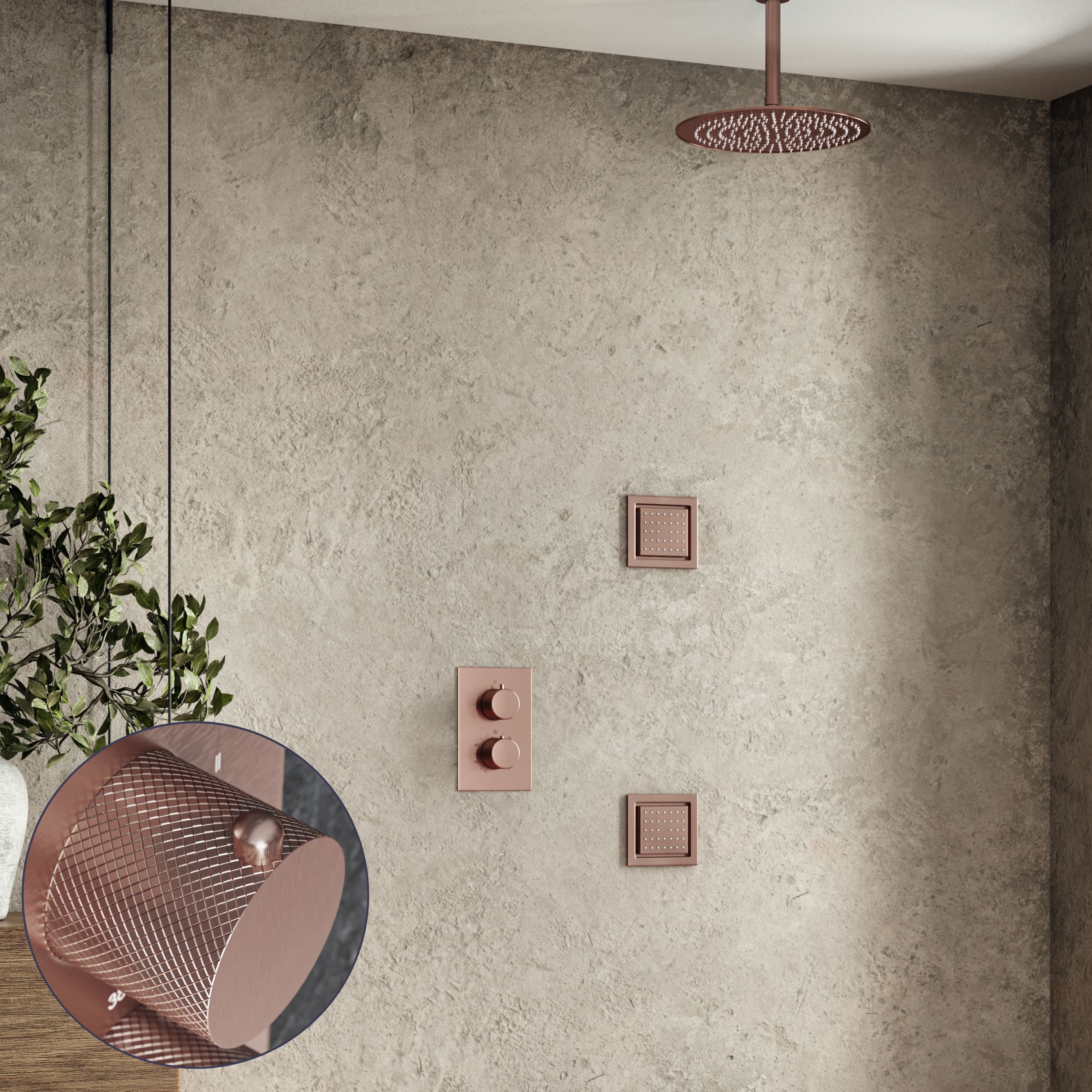 Saniclear Copper Curved inbouw regendouche 30cm met vierkante massagejets en plafondarm geborsteld koper