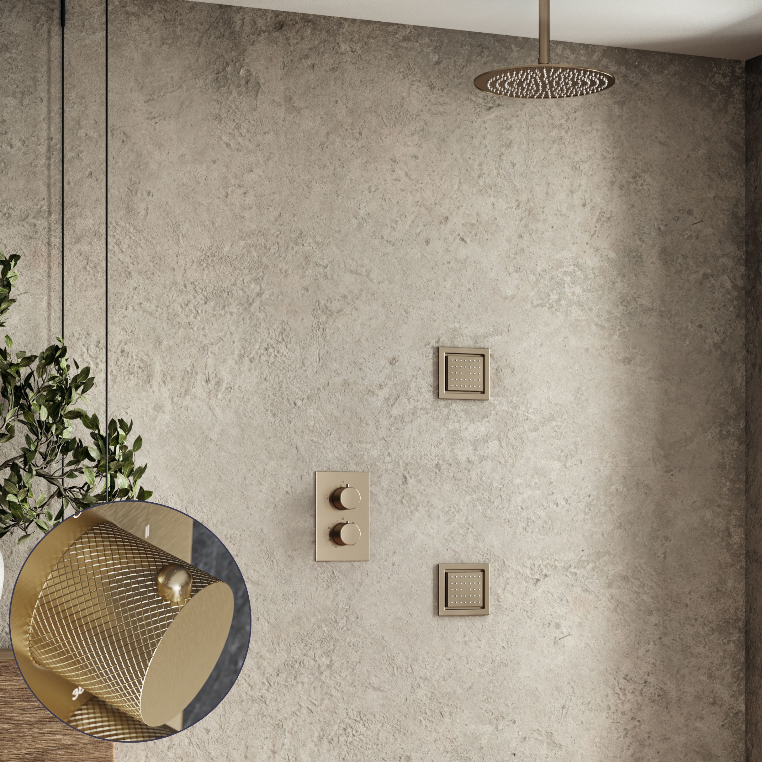 Saniclear Brass Curved inbouw regendouche 30cm met vierkante massagejets en plafondarm geborsteld messing - mat goud