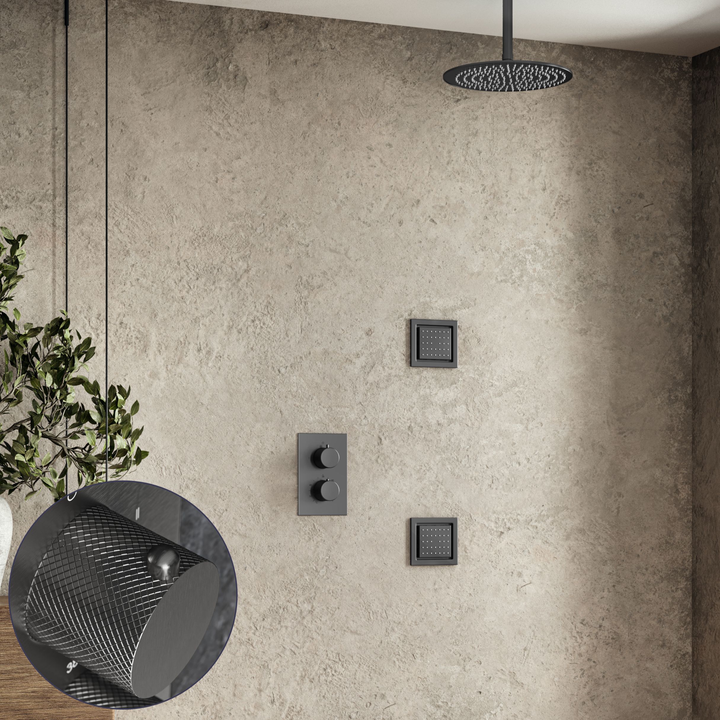 Saniclear Iron Curved inbouw regendouche 20cm met vierkante massagejets en plafondarm verouderd ijzer - gunmetal