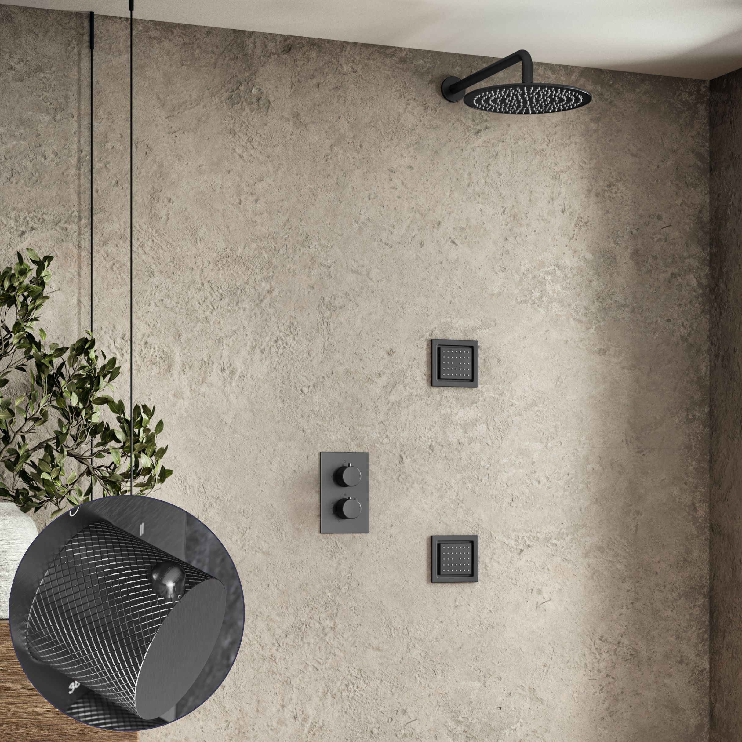 Saniclear Iron Curved inbouw regendouche 30cm met vierkante massagejets en muurarm verouderd ijzer - gunmetal