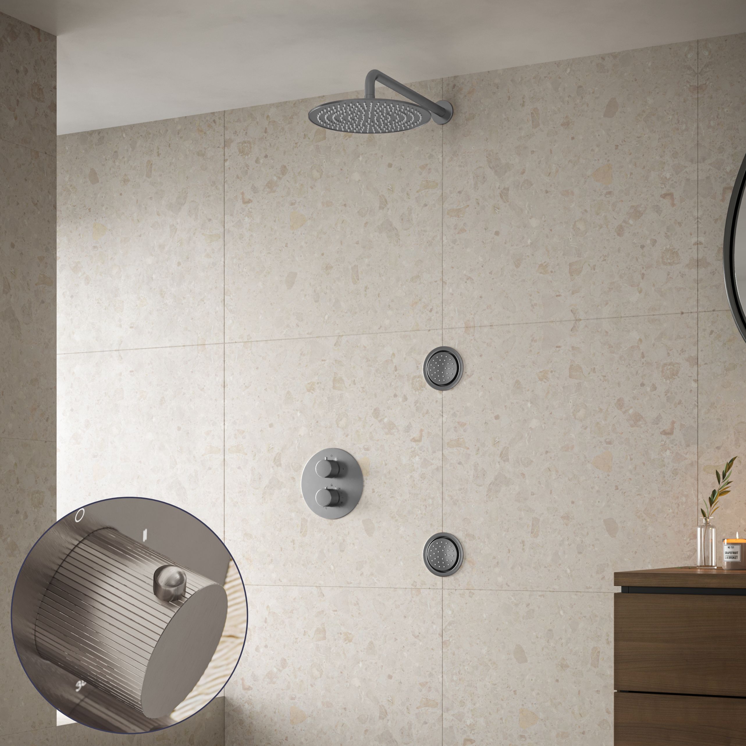Saniclear Exclusive Stripes inbouw regendouche 20cm met ronde massagejets en muurarm RVS