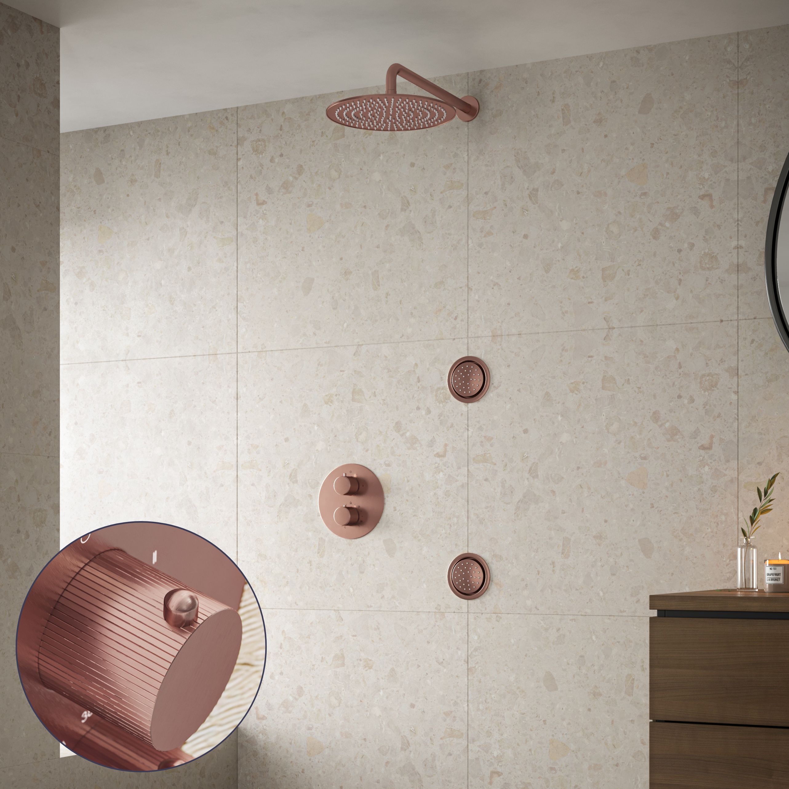 Saniclear Copper Stripes inbouw regendouche 30cm met ronde massagejets en muurarm geborsteld koper