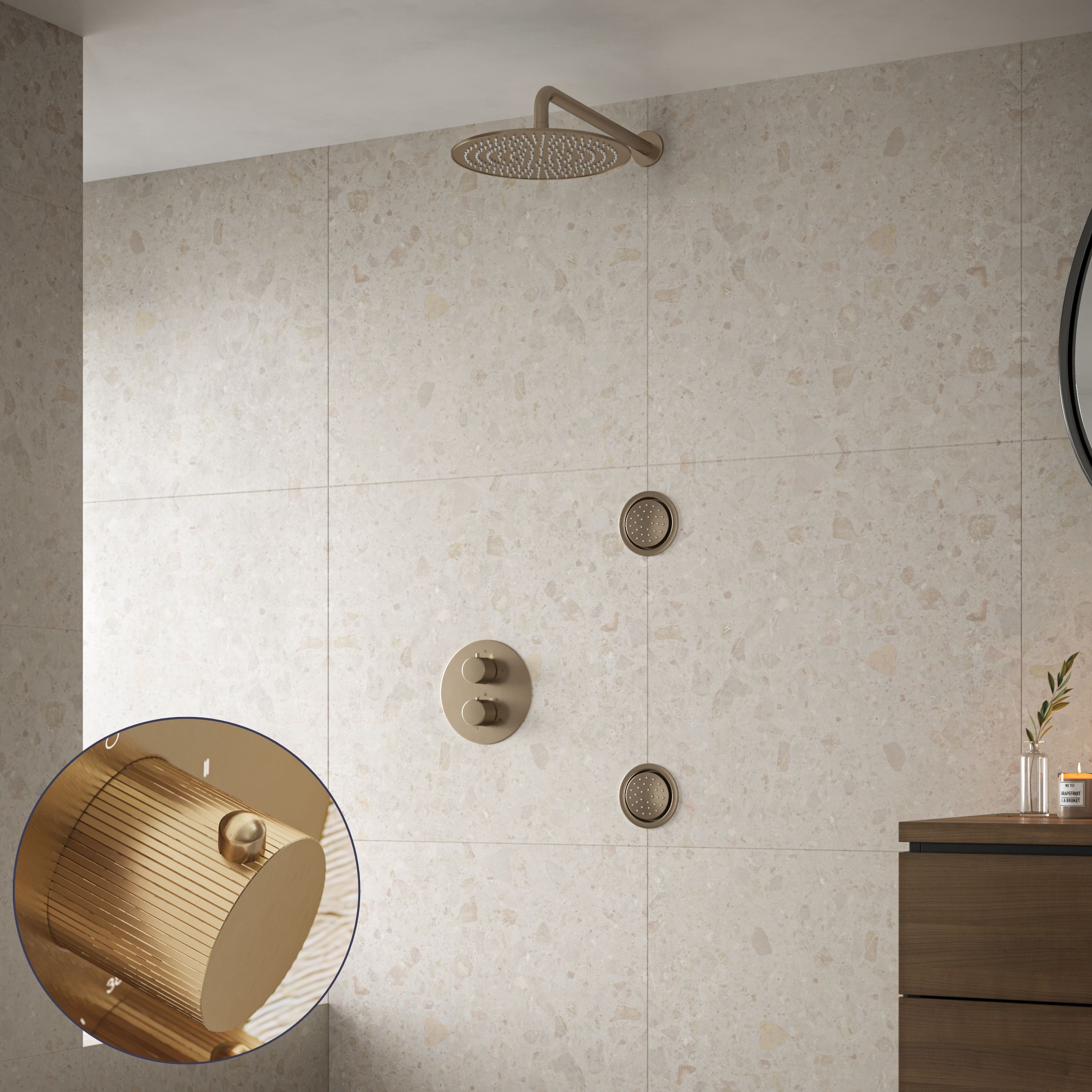 Saniclear Brass Stripes inbouw regendouche 30cm met ronde massagejets en muurarm geborsteld messing - mat goud