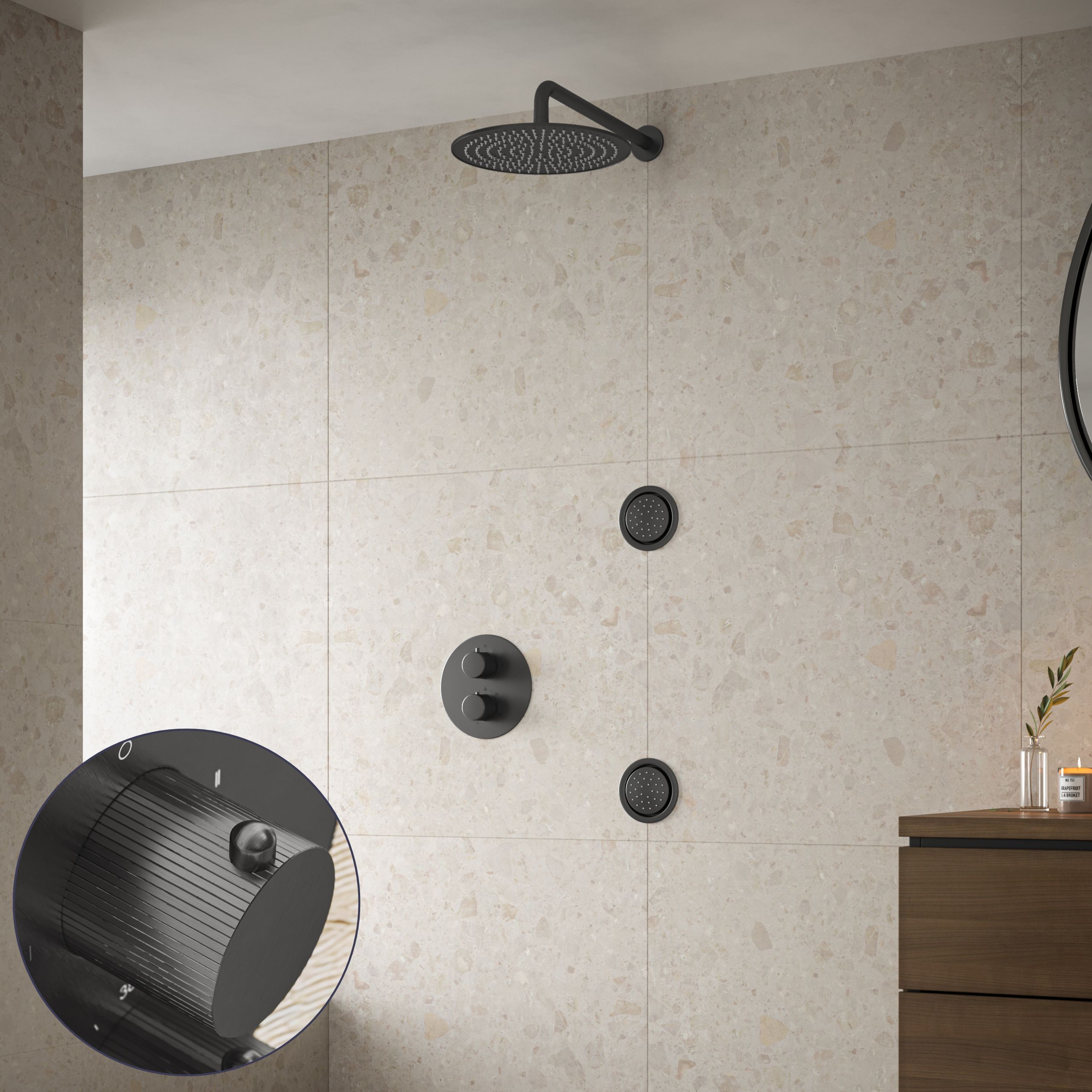 Saniclear Iron Stripes inbouw regendouche 20cm met ronde massagejets en muurarm verouderd ijzer - gunmetal