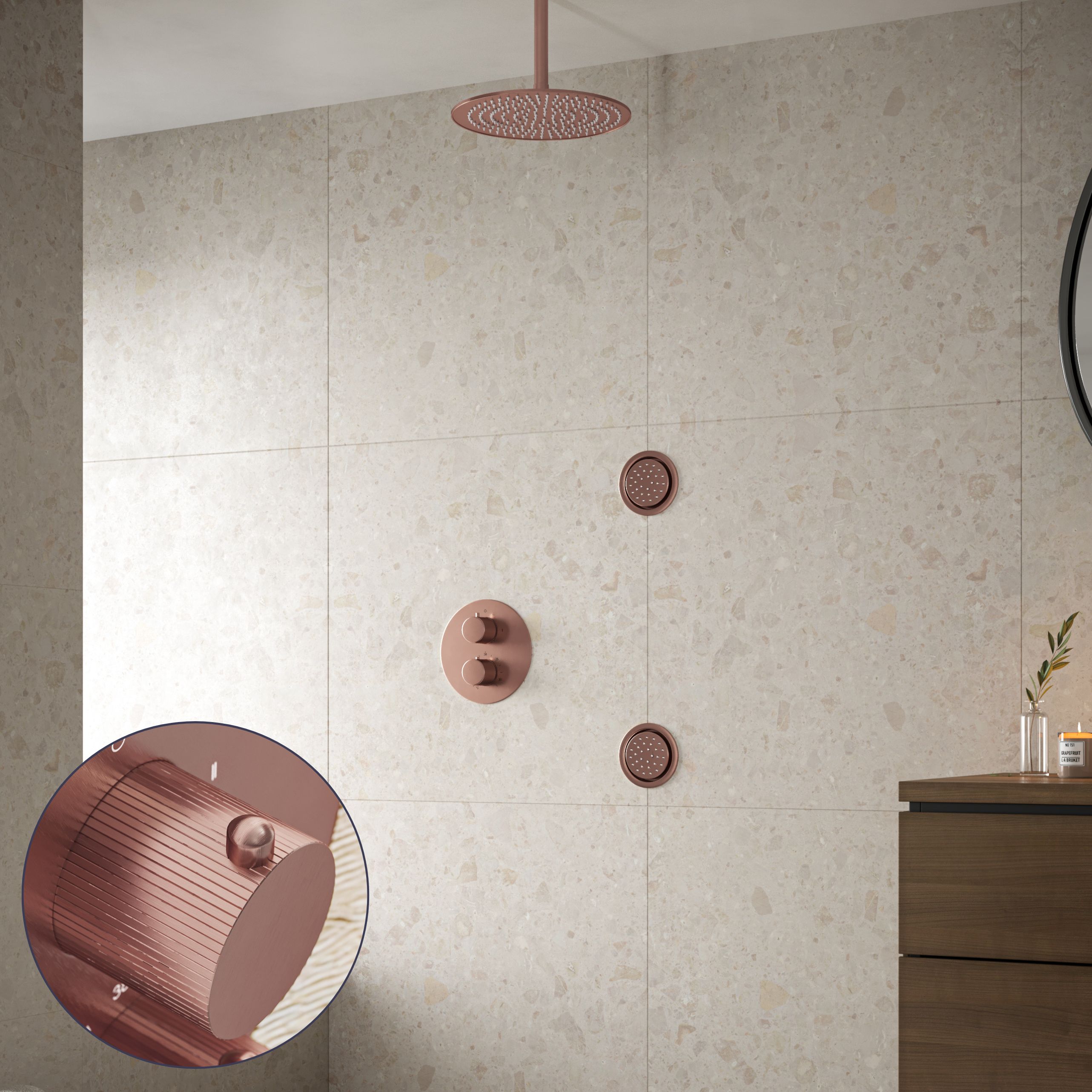 Saniclear Copper Stripes inbouw regendouche 30cm met ronde massagejets en plafondarm geborsteld koper