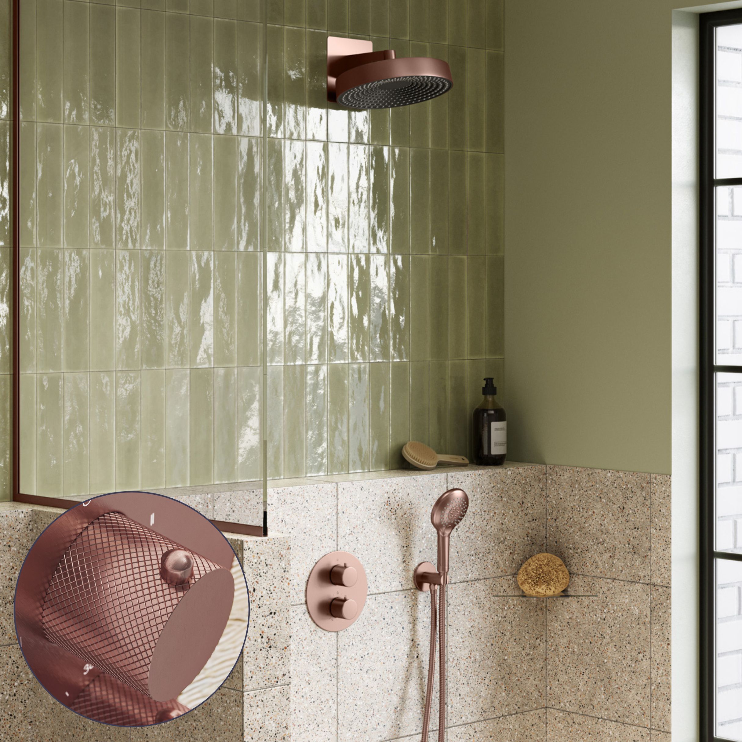 Saniclear Evolution Curved inbouw regendouche rond met 2 standen handdouche geborsteld koper