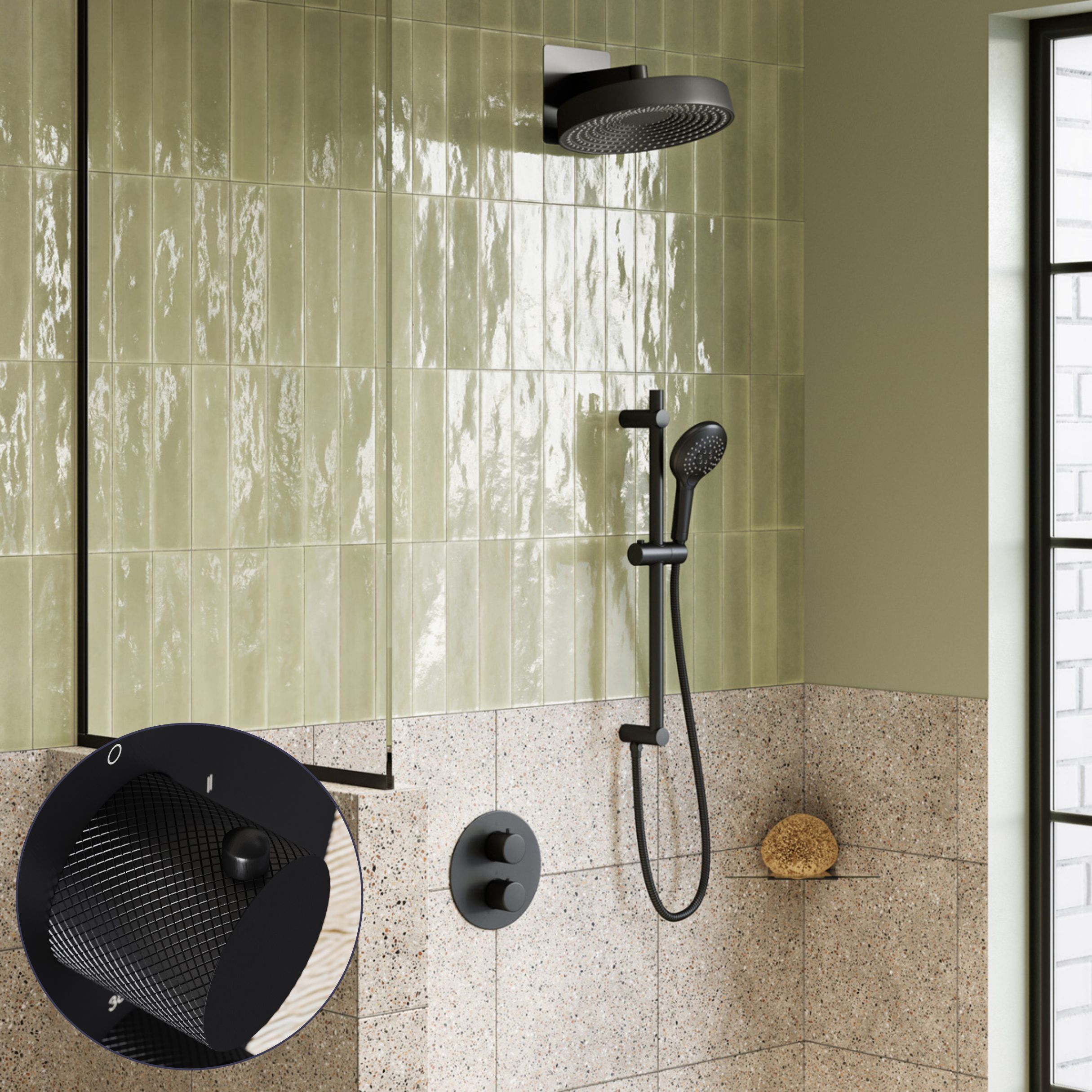 Saniclear Evolution Curved inbouw regendouche rond met glijstang en 2 standen handdouche zwart mat