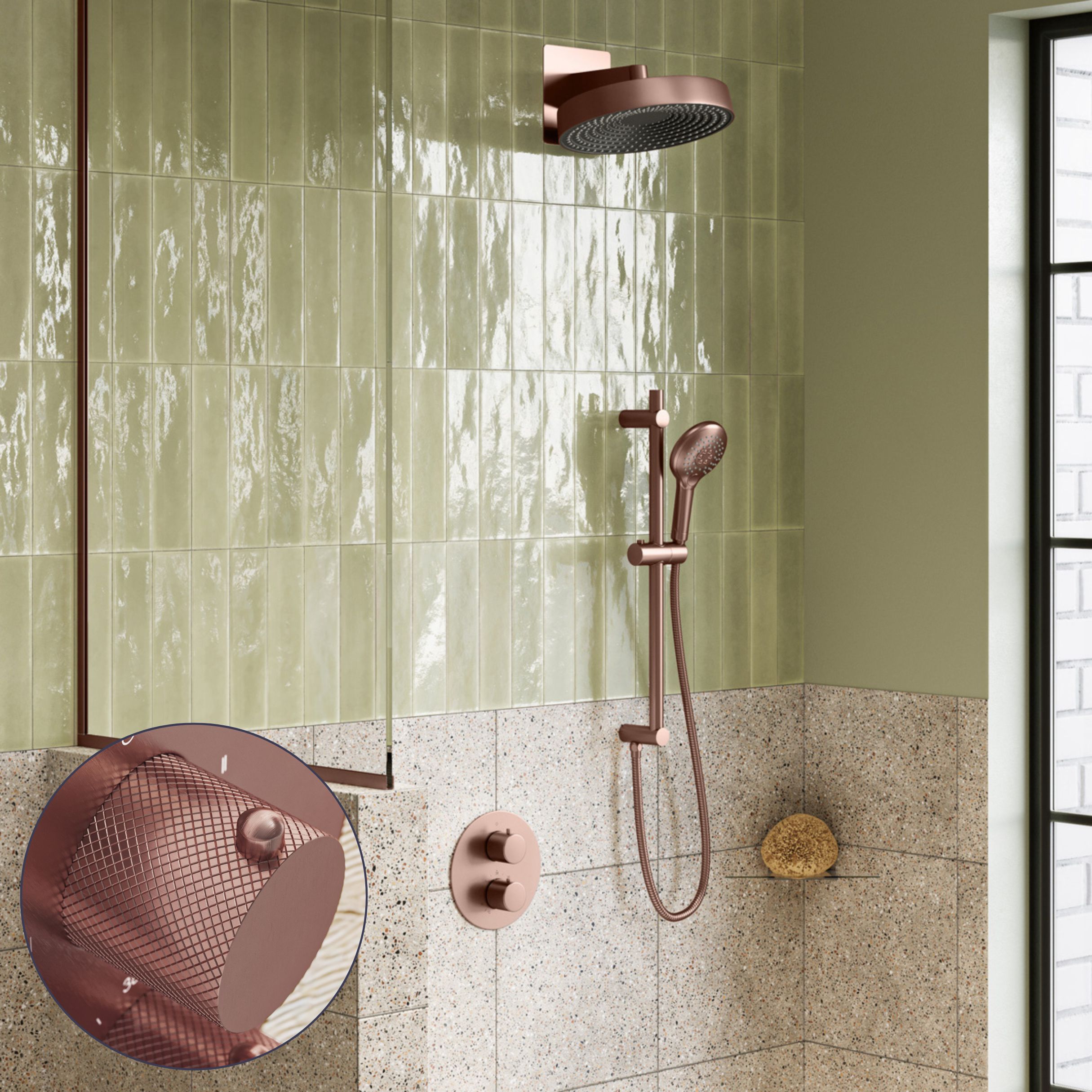 Saniclear Evolution Curved inbouw regendouche rond met glijstang en 2 standen handdouche geborsteld koper