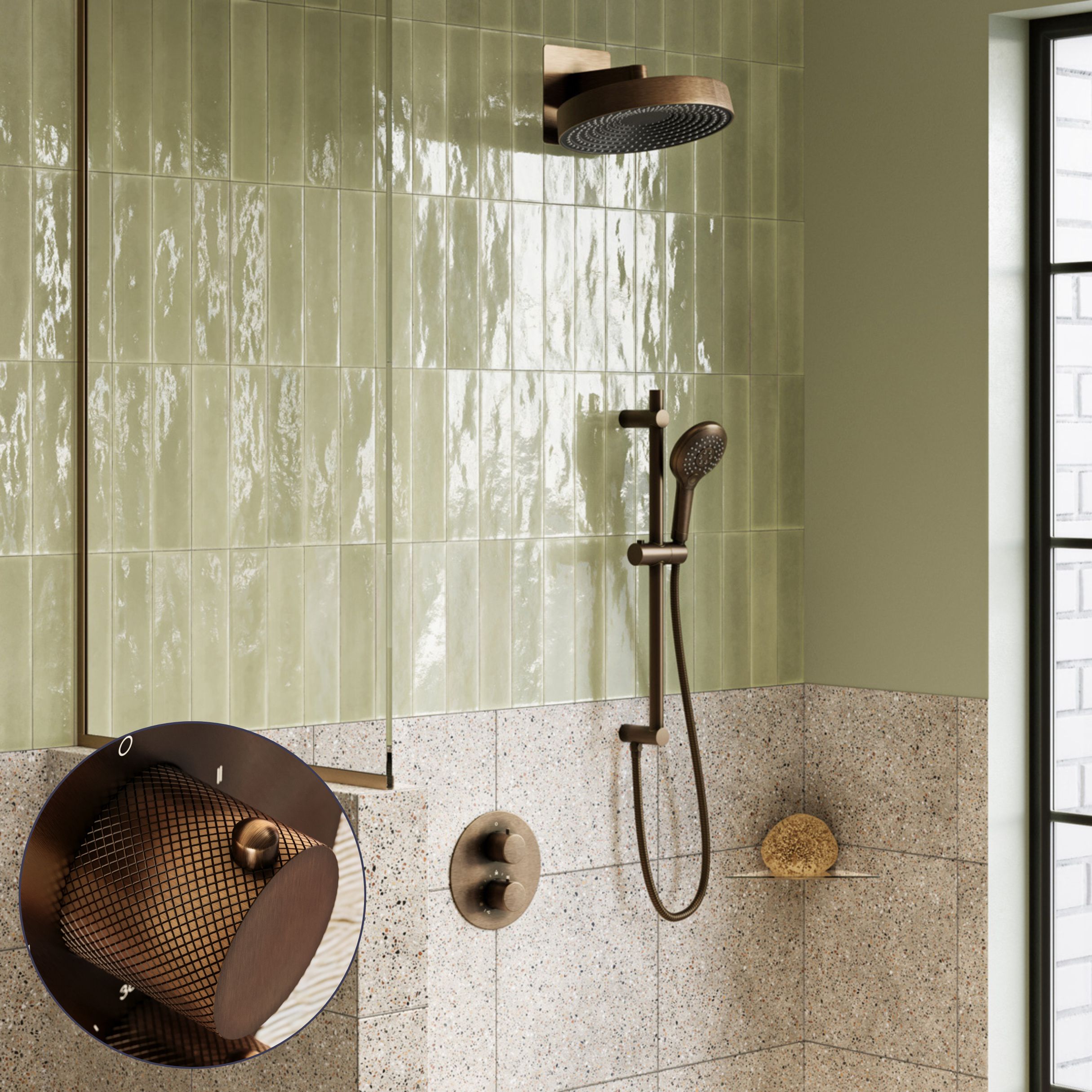 Saniclear Evolution Curved inbouw regendouche rond met glijstang en 2 standen handdouche verouderd messing
