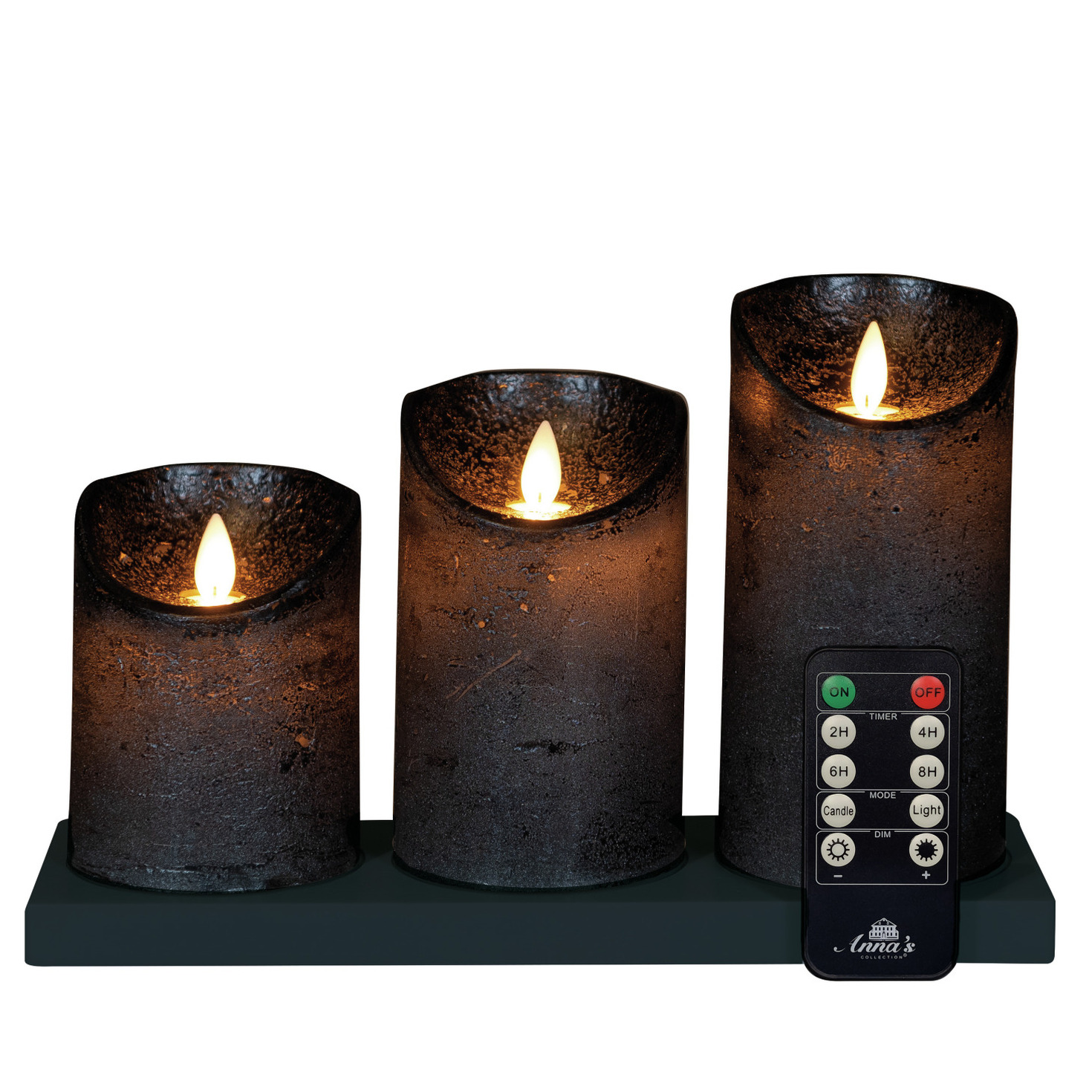 Anna's Collection Oplaadbare LED kaarsen - 3x - antraciet - oplaadstation - stompkaarsen -