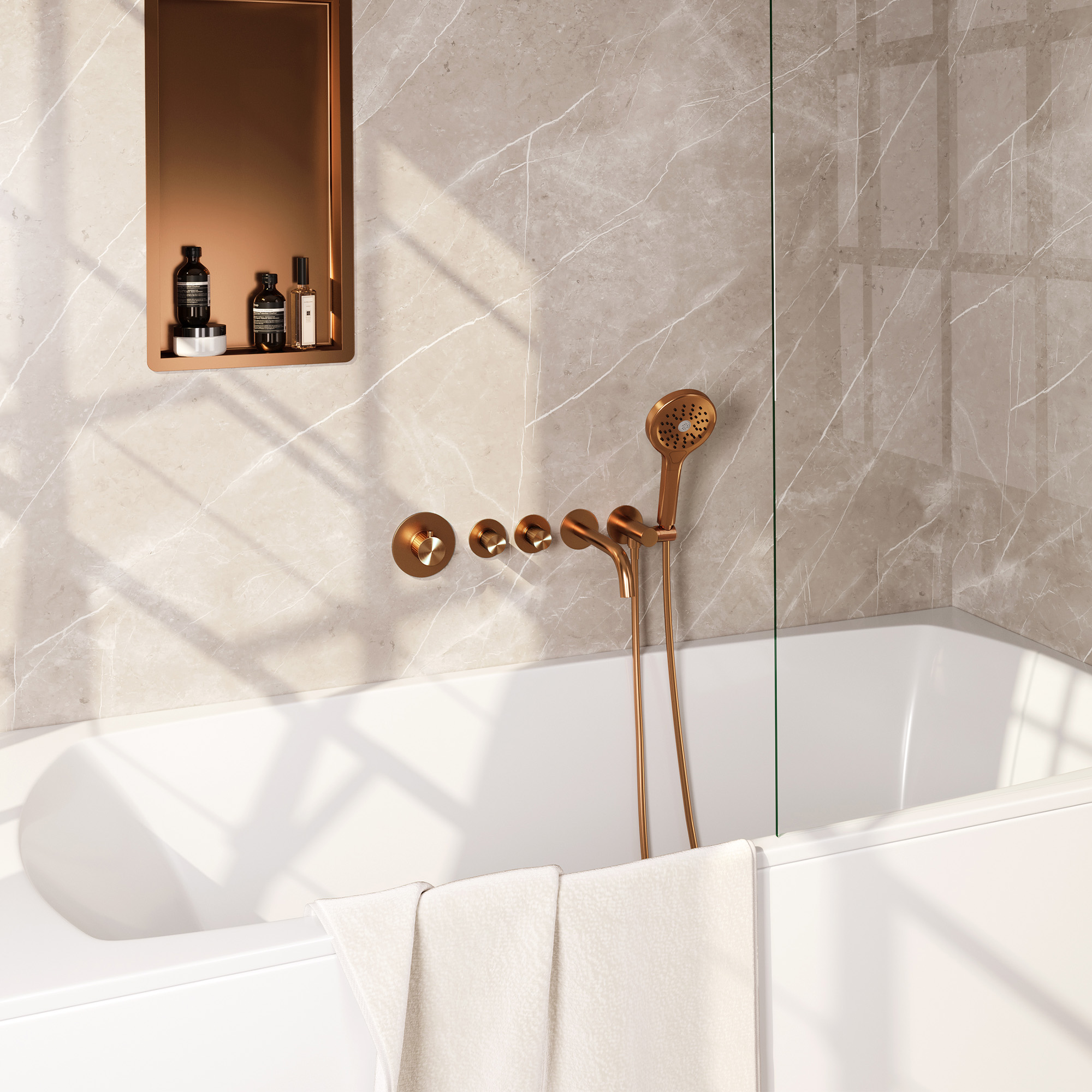 Brauer Stripe thermostatische inbouw badkraan SET 02 met uitloop en 3-standen handdouche en doucheslang en wandaansluitbocht koper geborsteld PVD