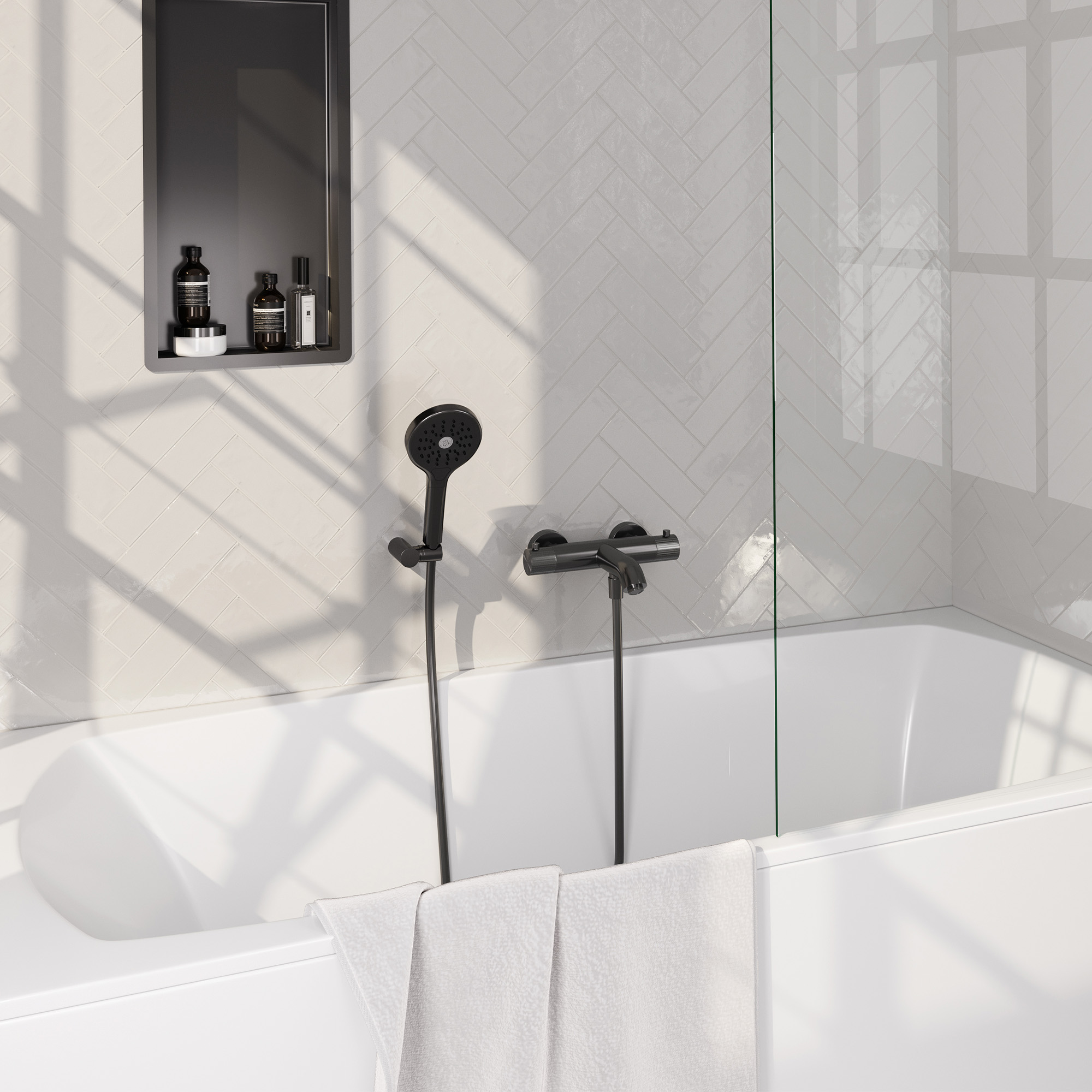 Brauer Stripe opbouw baddouche thermostaatkraan SET 04 met wandhouder en 3-standen handdouche en doucheslang gunmetal geborsteld PVD