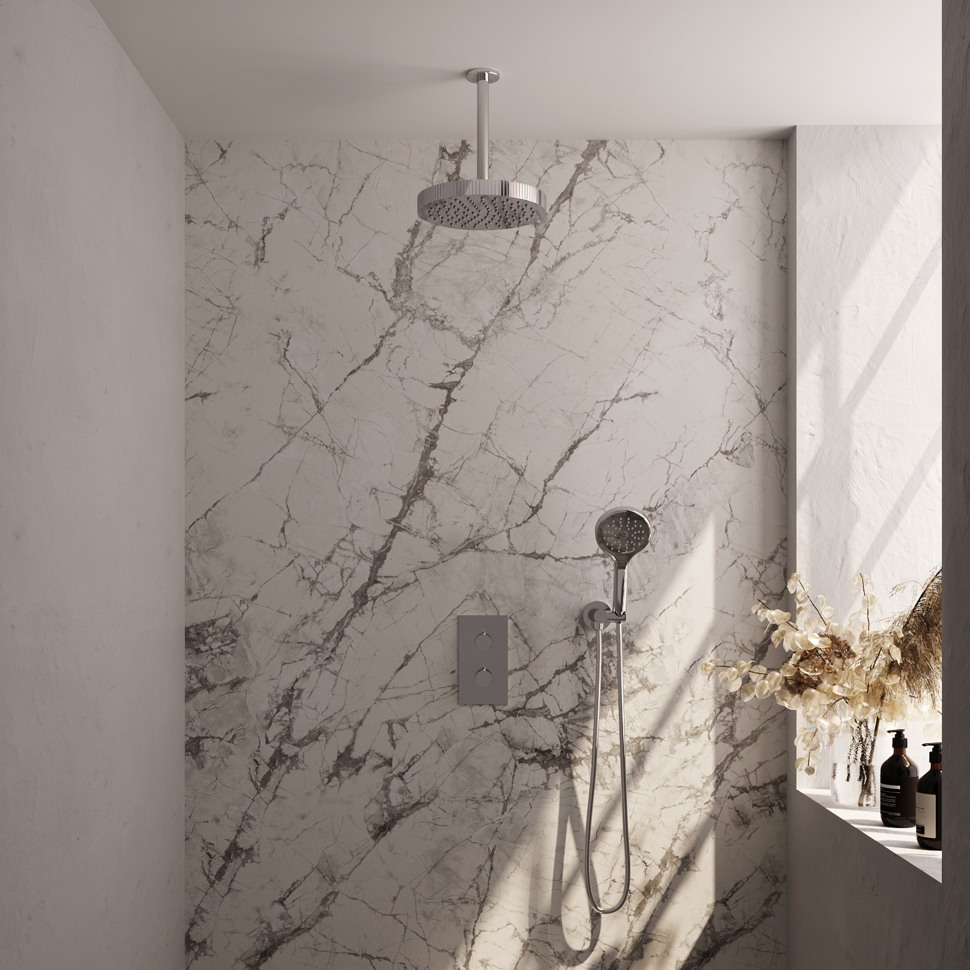 Brauer Stripe thermostatische inbouw regendouche 3-weg rechthoekig SET 18 met 25 cm douchekop en plafondarm en 3-standen handdouche en doucheslang en wandaansluitbocht chroom