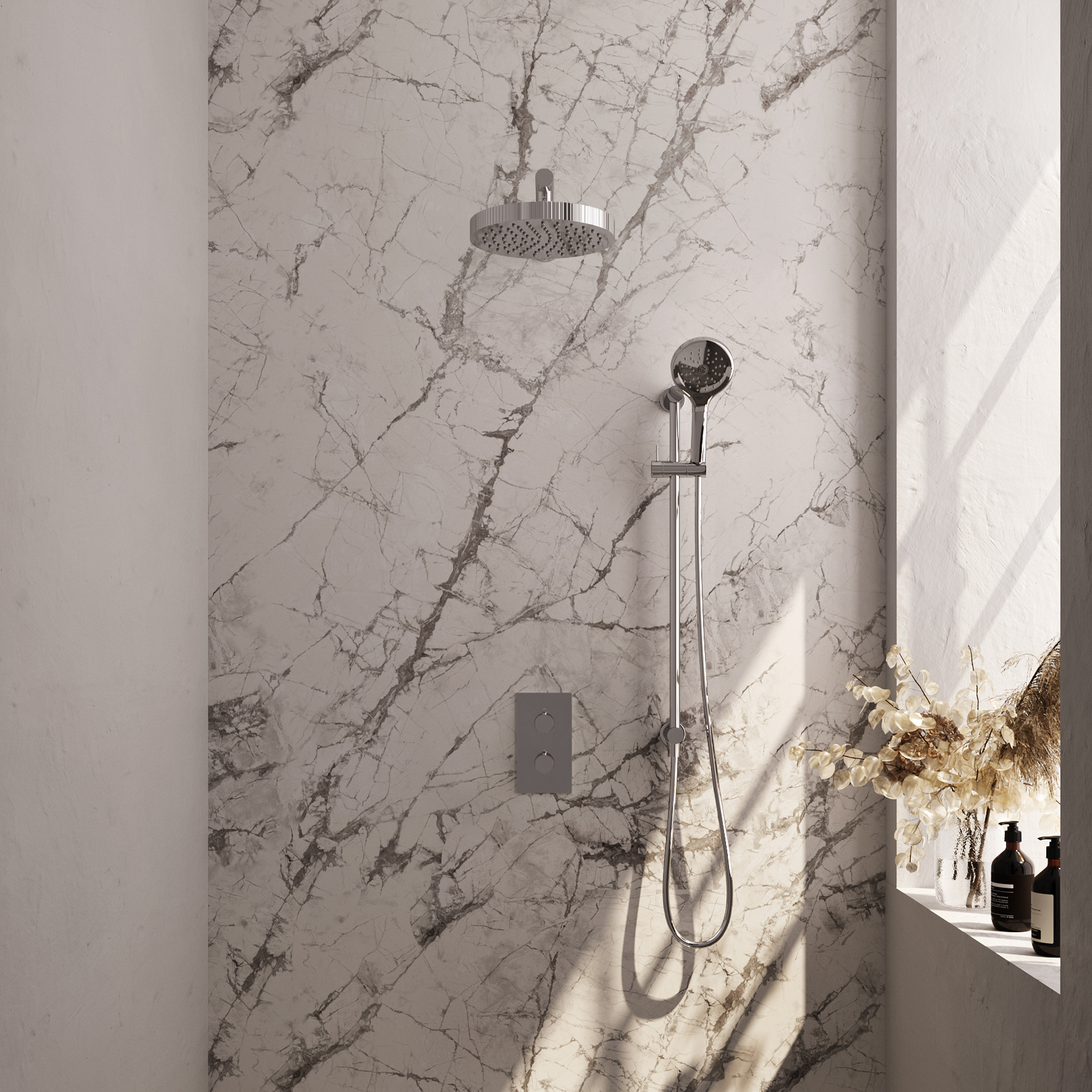 Brauer Stripe thermostatische inbouw regendouche 3-weg rechthoekig SET 22 met 25 cm douchekop en rechte muurarm en 3-standen handdouche en doucheslang en geintegreerde glijstang chroom