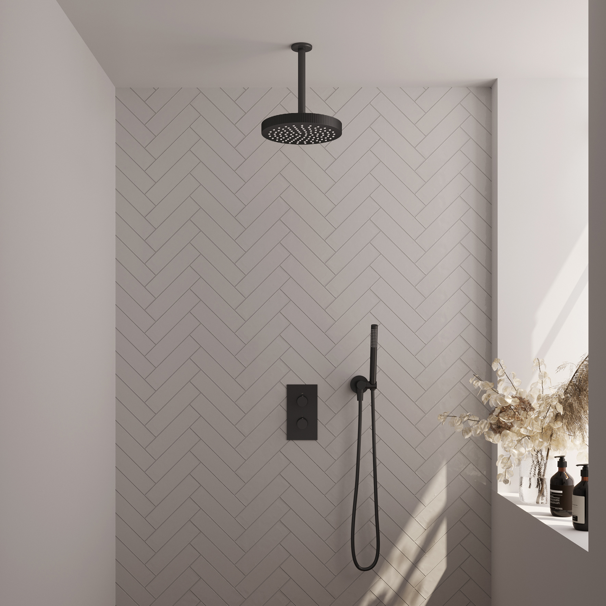Brauer Stripe thermostatische inbouw regendouche 3-weg rechthoekig SET 15 met 25 cm douchekop en plafondarm en staaf handdouche en doucheslang en wandaansluitbocht mat zwart