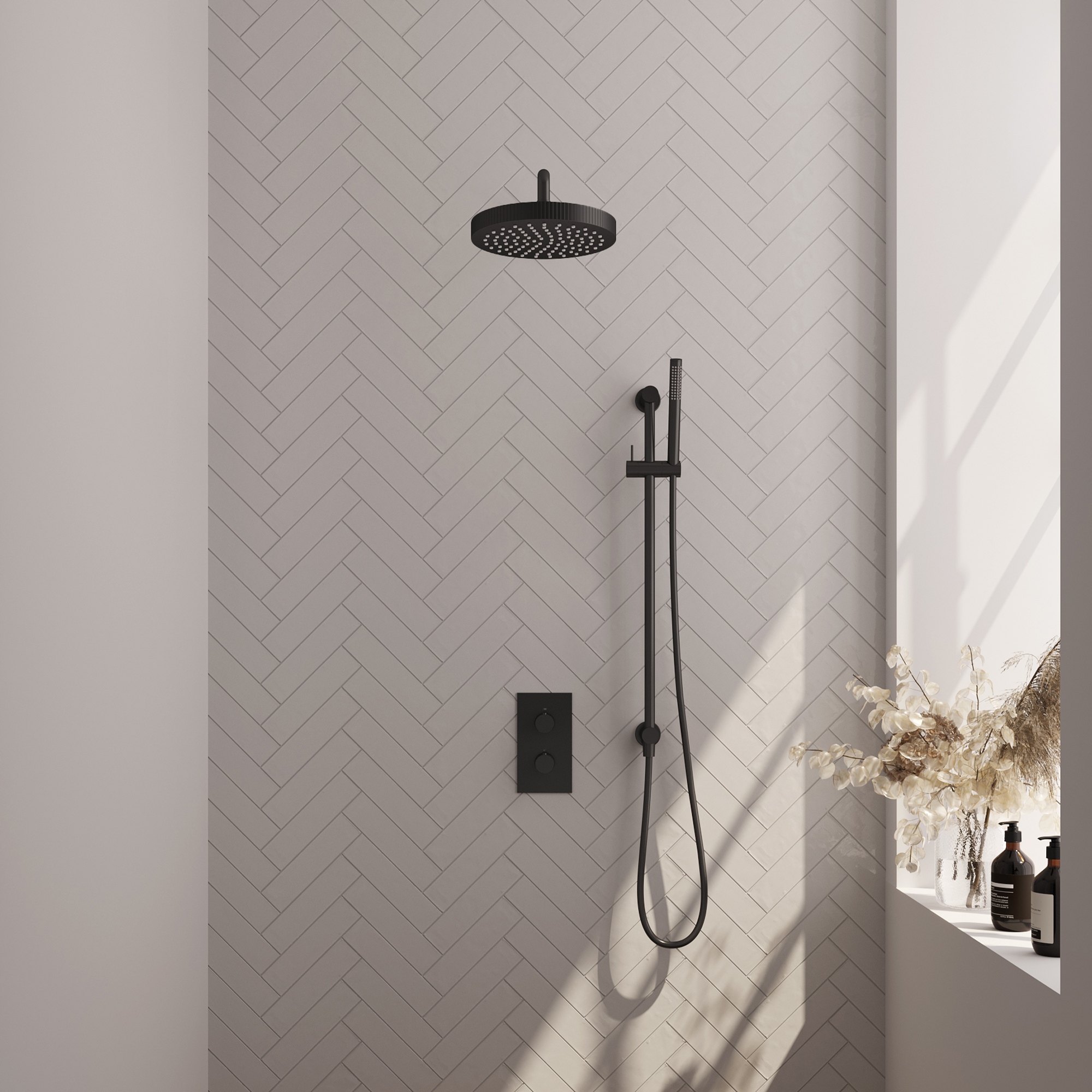 Brauer Stripe thermostatische inbouw regendouche 3-weg rechthoekig SET 20 met 25 cm douchekop en gebogen muurarm en staaf handdouche en doucheslang en geintegreerde glijstang mat zwart