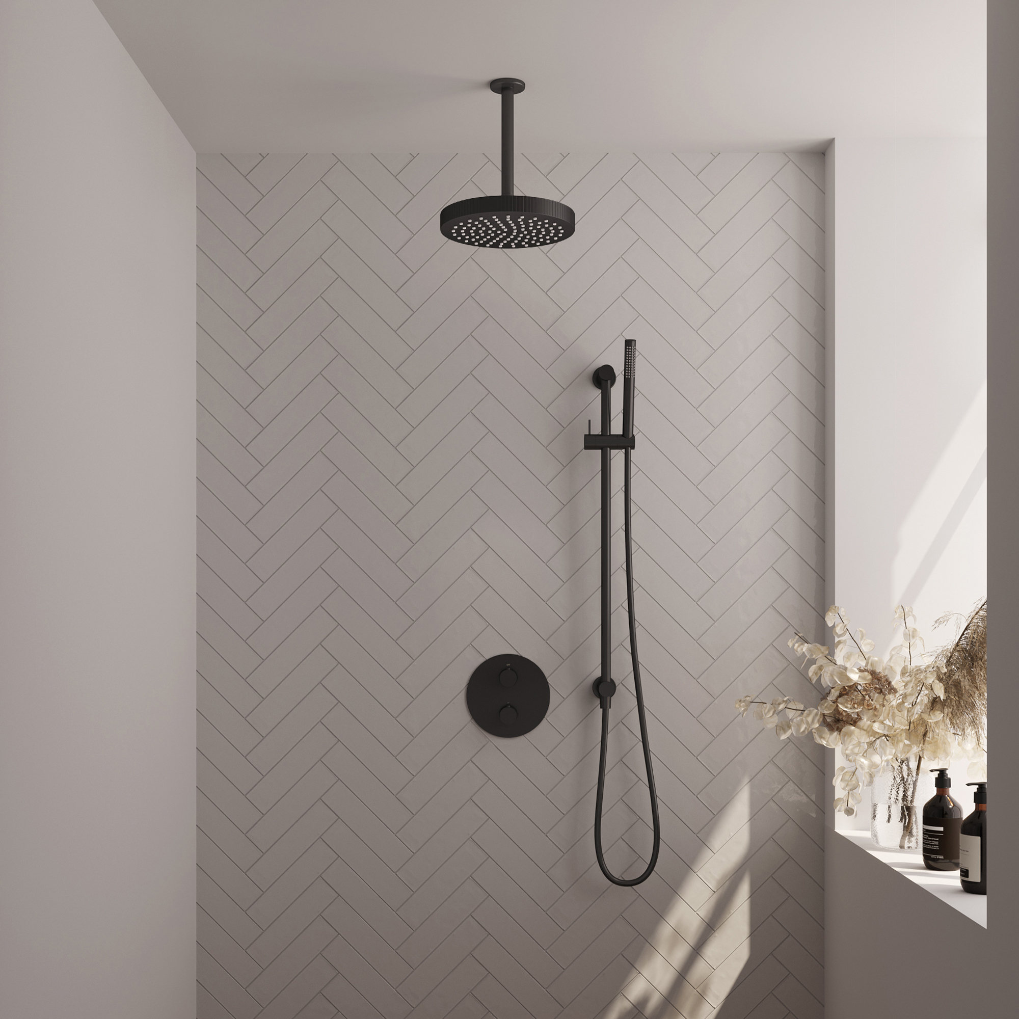 Brauer Stripe thermostatische inbouw regendouche 3-weg rond SET 45 met 25 cm douchekop en plafondarm en staaf handdouche en doucheslang en geintegreerde glijstang mat zwart