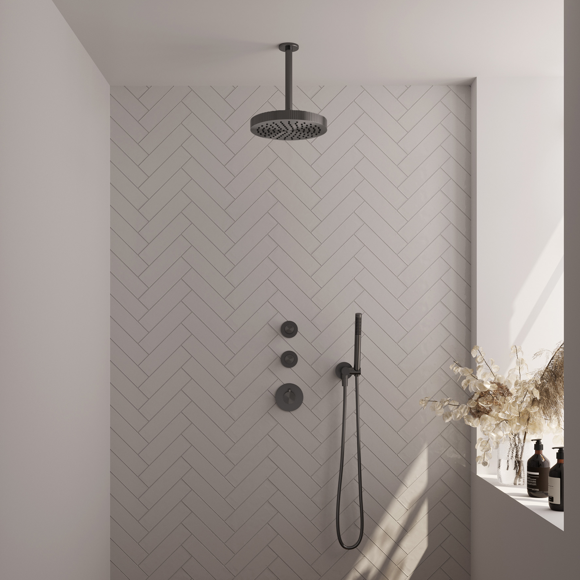 Brauer Stripe thermostatische inbouw regendouche SET 03 met 25 cm douchekop en plafondarm en staaf handdouche en doucheslang en wandaansluitbocht gunmetal geborsteld PVD
