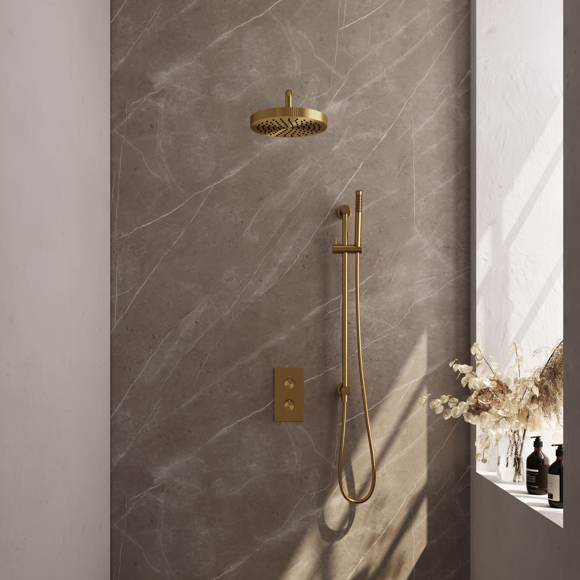 Brauer Stripe thermostatische inbouw regendouche 3-weg rechthoekig SET 20 met 25 cm douchekop en gebogen muurarm en staaf handdouche en doucheslang en geintegreerde glijstang goud geborsteld PVD