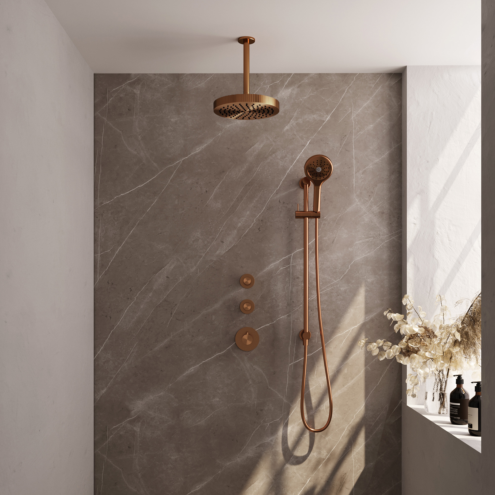 Brauer Stripe thermostatische inbouw regendouche SET 12 met 25 cm douchekop en plafondarm en 3-standen handdouche en doucheslang en geintegreerde glijstang koper geborsteld PVD