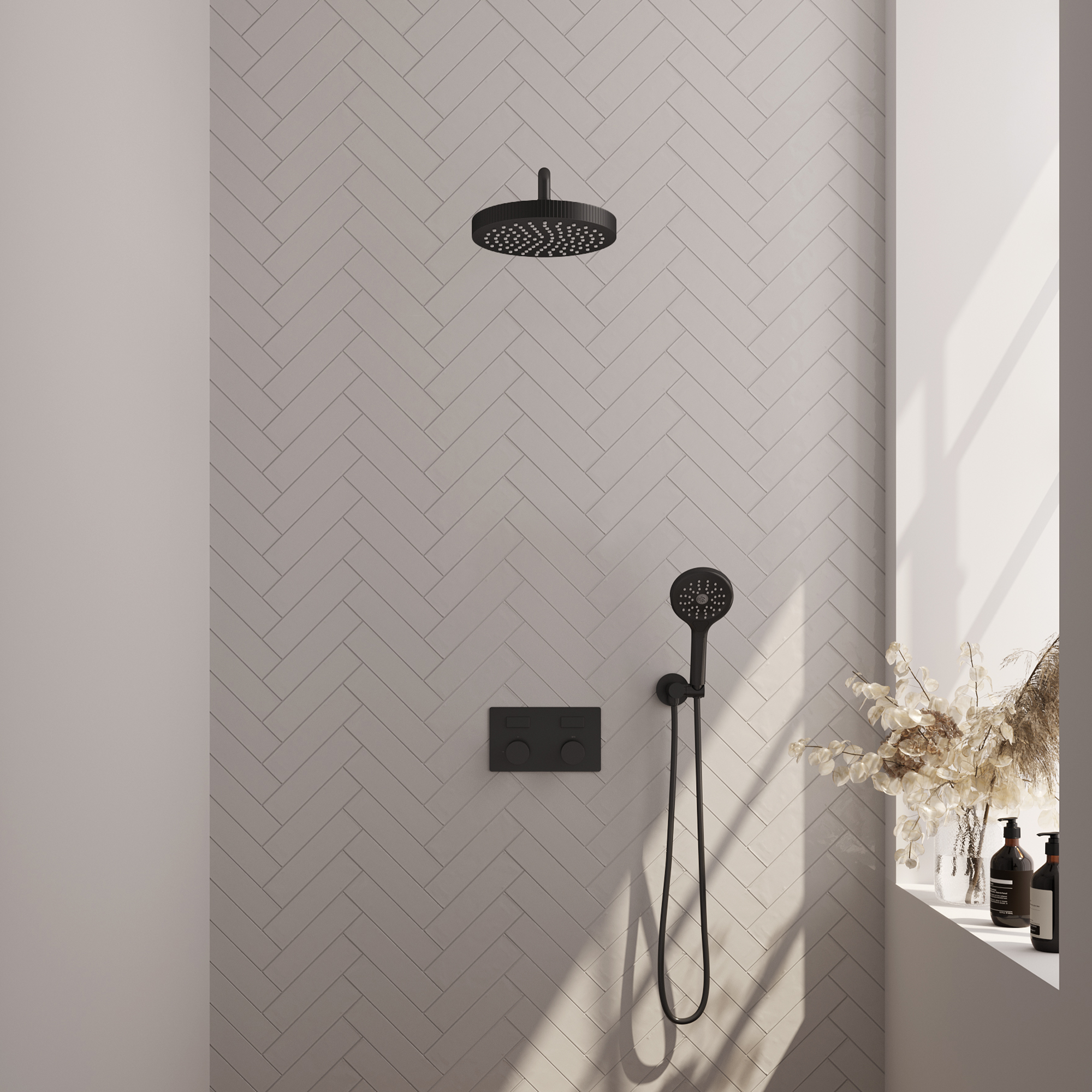 Brauer Stripe thermostatische inbouw regendouche met drukknoppen SET 29 met 25 cm douchekop en gebogen muurarm en 3-standen handdouche en doucheslang en wandaansluitbocht mat zwart