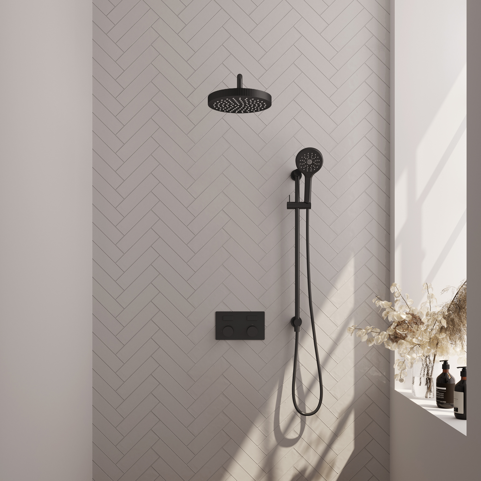 Brauer Stripe thermostatische inbouw regendouche met drukknoppen SET 35 met 25 cm douchekop en gebogen muurarm en 3-standen handdouche en doucheslang en geintegreerde glijstang mat zwart