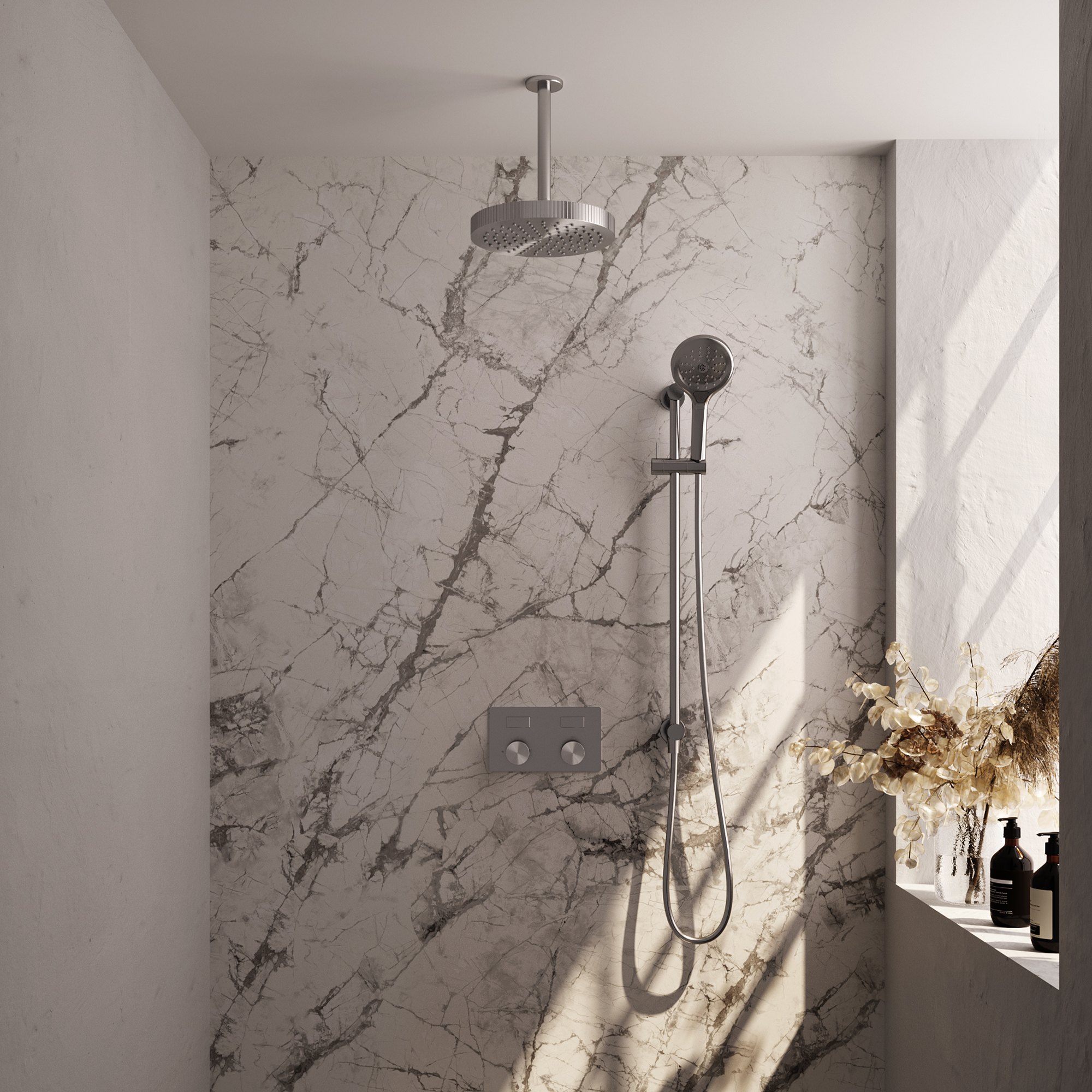 Brauer Stripe thermostatische inbouw regendouche met drukknoppen SET 36 met 25 cm douchekop en plafondarm en 3-standen handdouche en doucheslang en geintegreerde glijstang RVS-kleurig geborsteld PVD