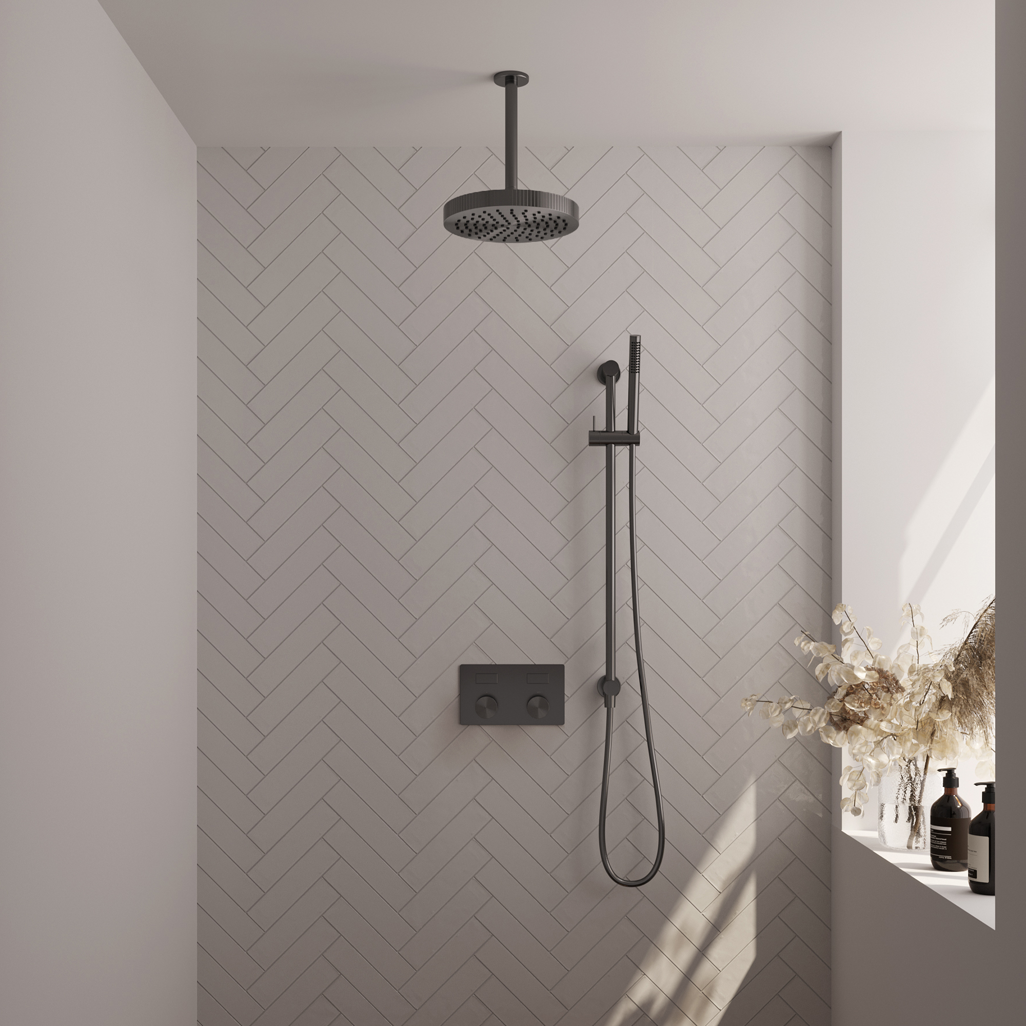 Brauer Stripe thermostatische inbouw regendouche met drukknoppen SET 33 met 25 cm douchekop en plafondarm en staaf handdouche en doucheslang en geintegreerde glijstang gunmetal geborsteld PVD