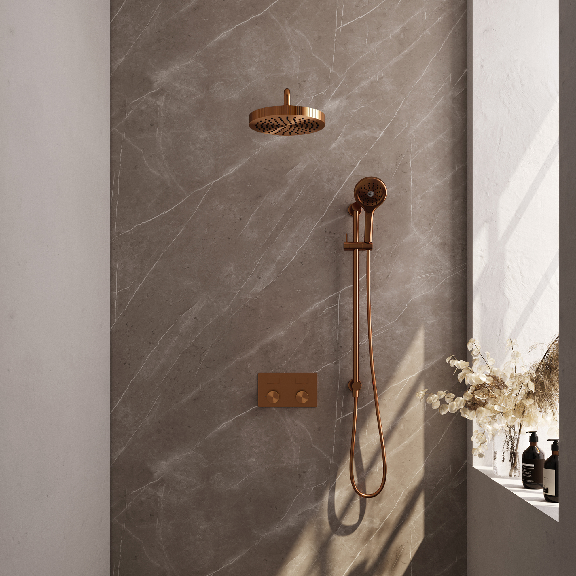 Brauer Stripe thermostatische inbouw regendouche met drukknoppen SET 35 met 25 cm douchekop en gebogen muurarm en 3-standen handdouche en doucheslang en geintegreerde glijstang koper geborsteld PVD