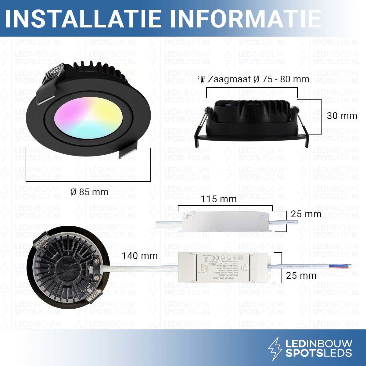 Ondiepe smart RGBWW inbouwspot - 230 volt - 9 watt - 600 lumen - zwart