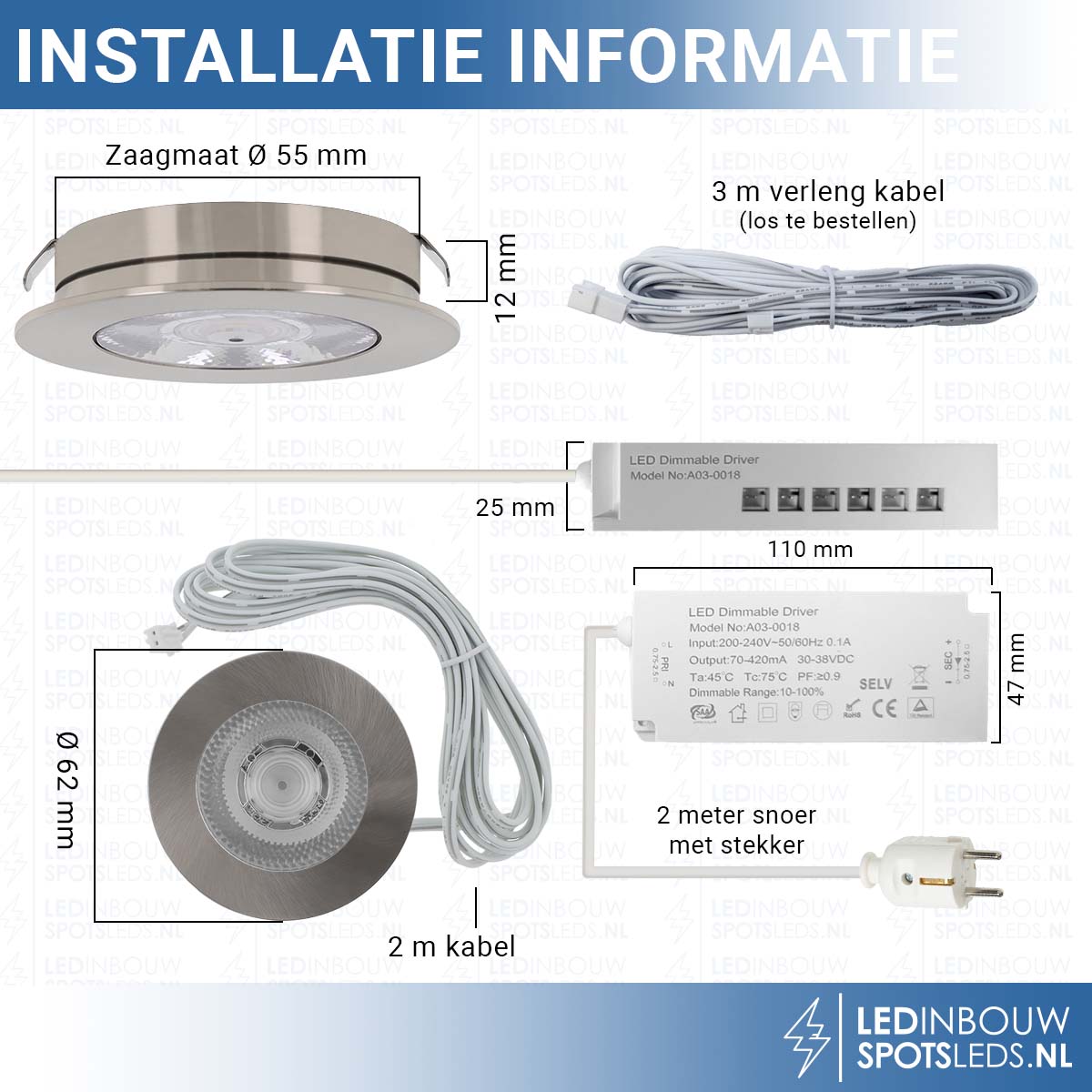 Set 3 stuks led meubelspots - dimbaar 3 watt - 340 lumen - nikkel - 3000k